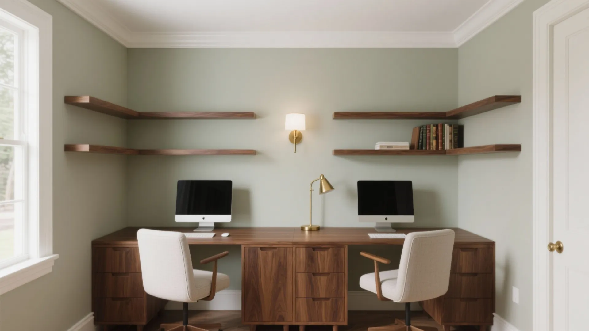 Double workspace with wood desk two computers wall light and open shelves on green walls