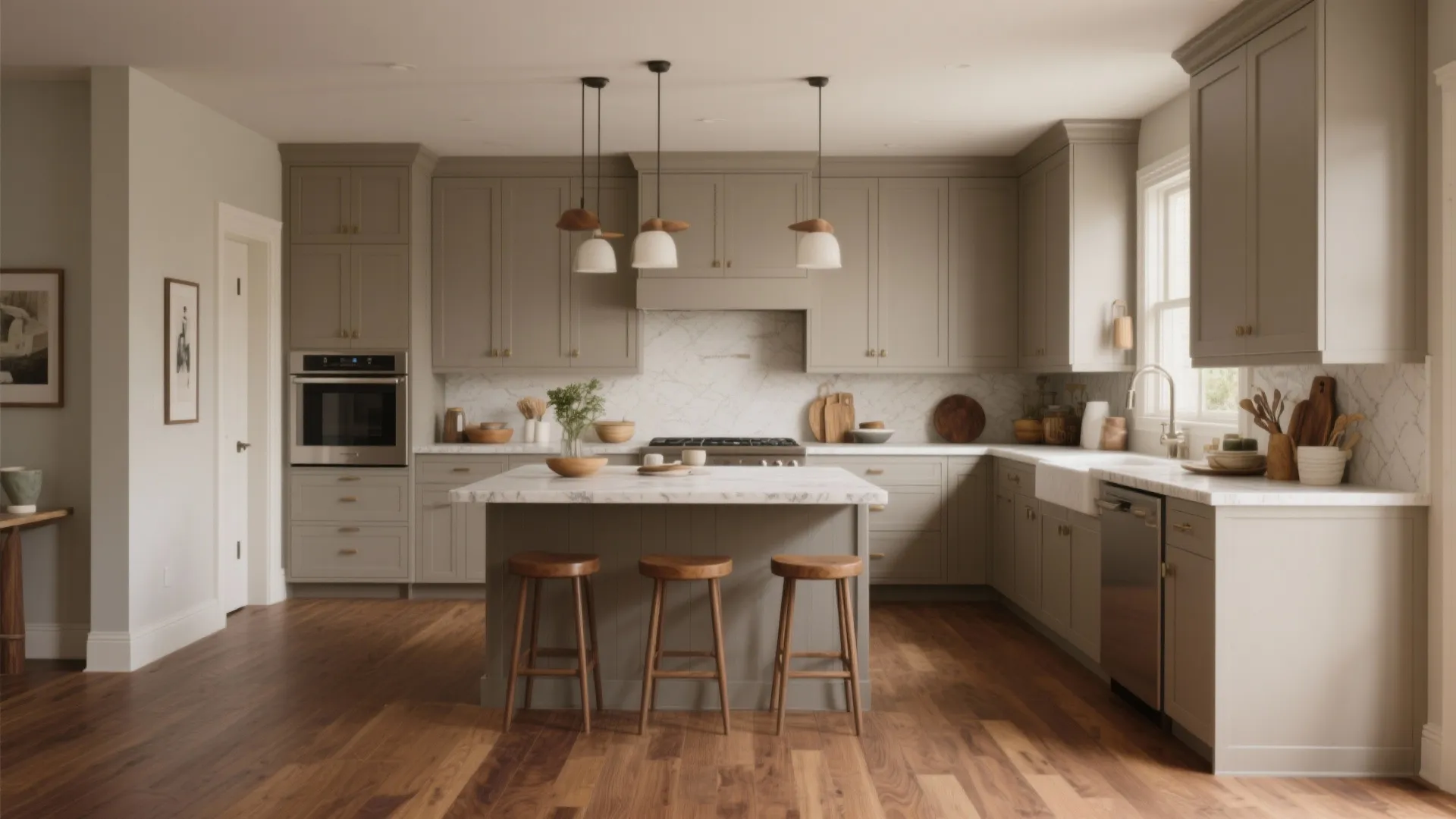3. Warm Greige Cabinets + Medium Walnut Floors