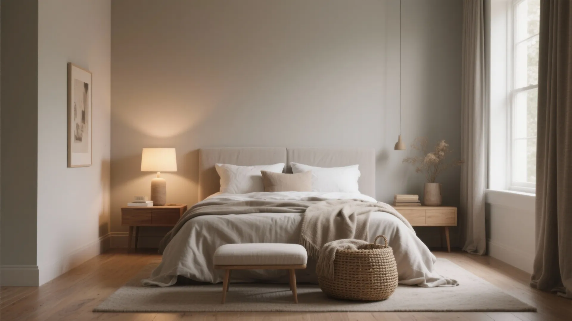 Minimalist beige bedroom with wooden floor large window table lamp footrest and natural light from window