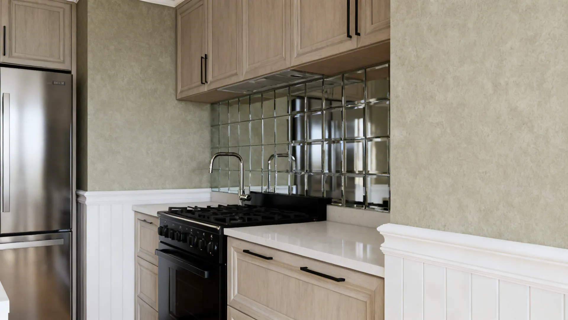 Compact kitchen with greige walls unifying stainless and black appliances.