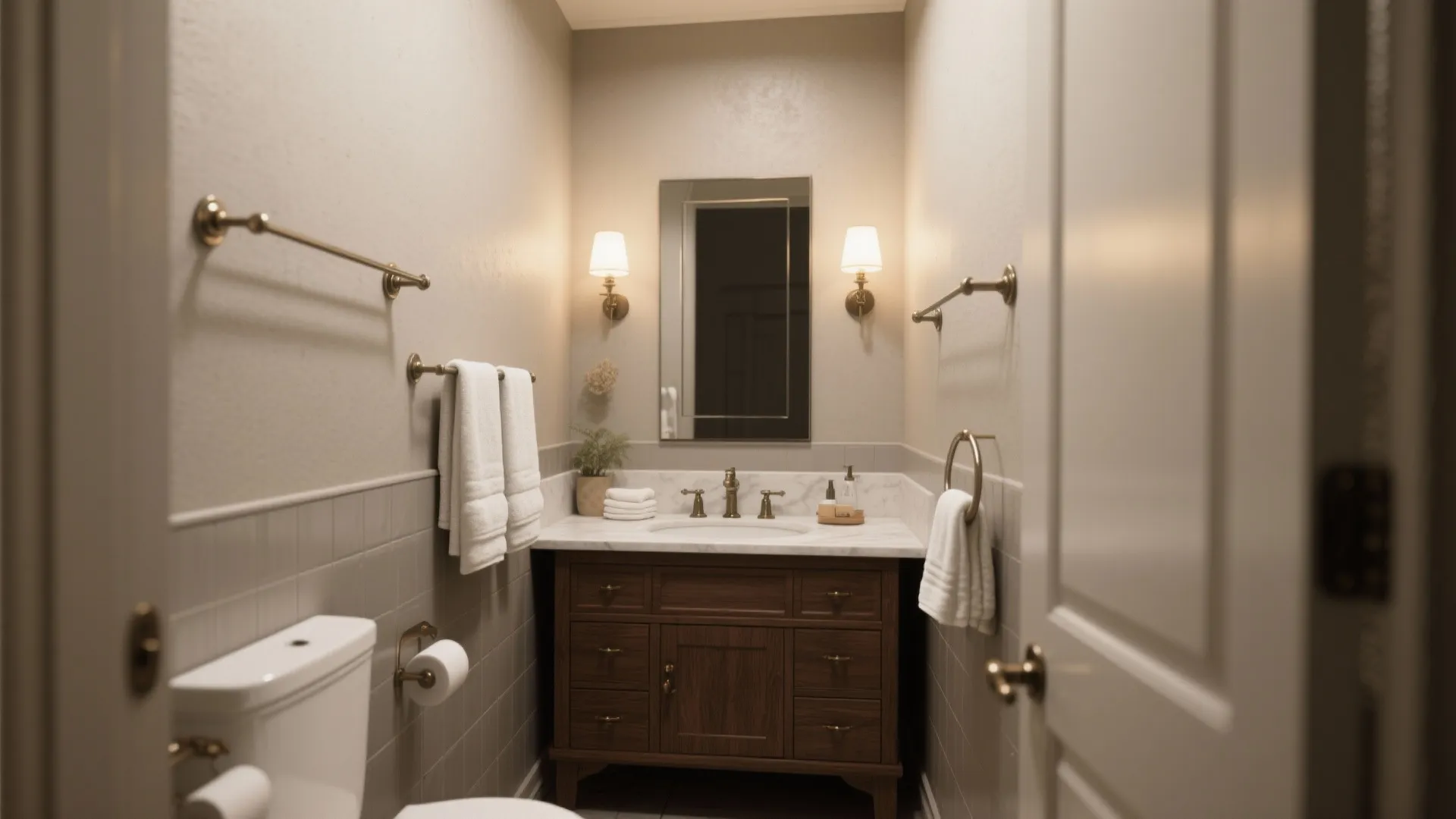 Bathroom with greige walls, wooden vanity and mixed-metal fixtures