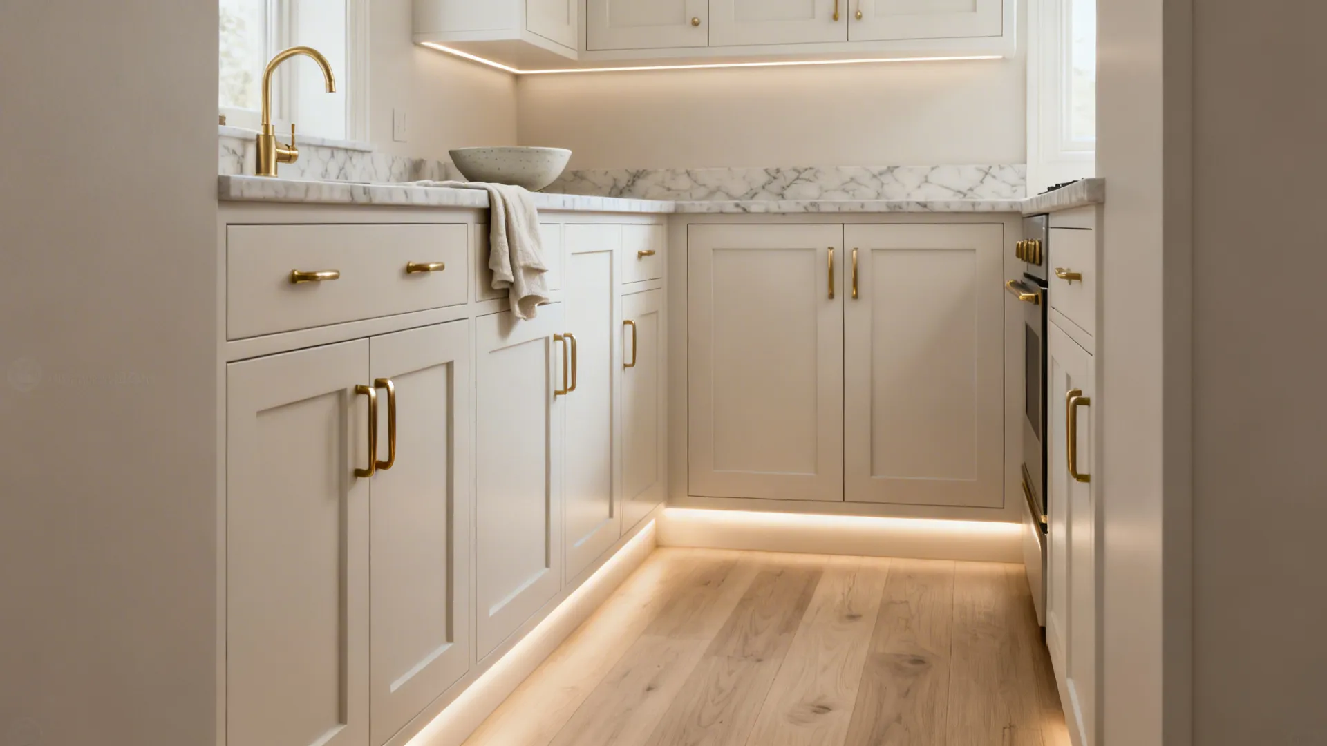 Small kitchen with greige shaker cupboards, brass pulls, and veined quartz under soft daylight.