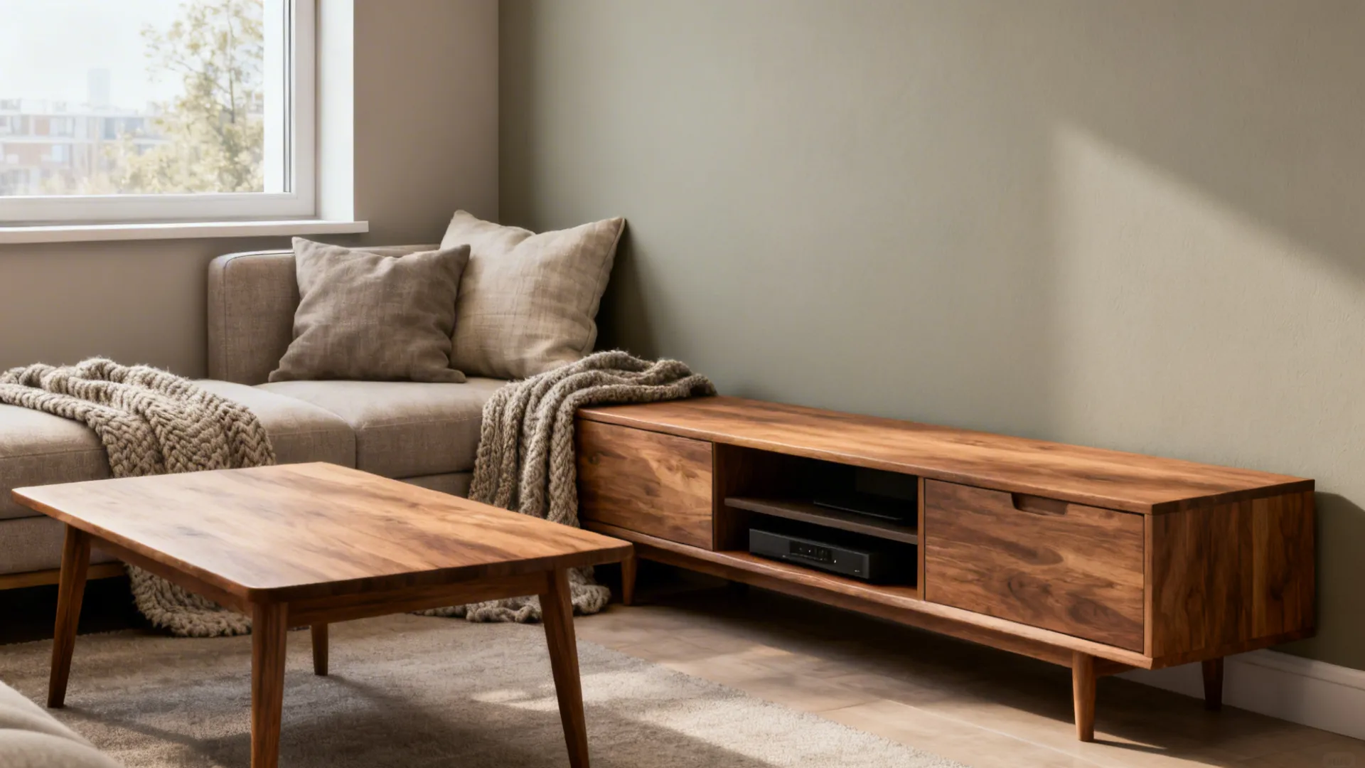 Small living area with soft greige walls and warm oak furniture, textured fabrics for depth.