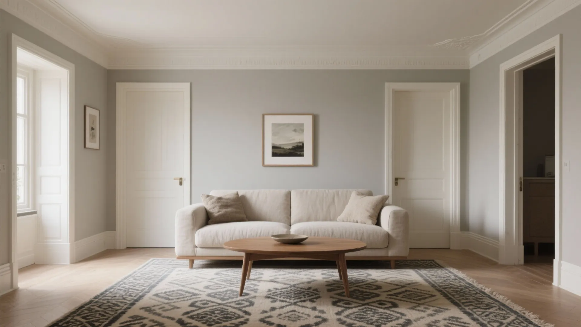 Simple living room featuring light grey walls cream sofa round wood table and patterned rug