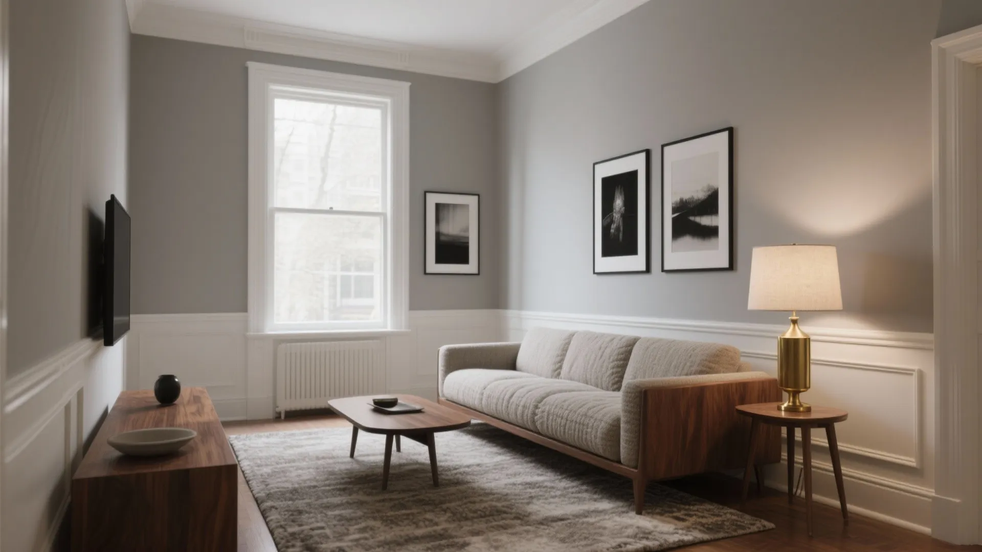 Compact living room with greige walls, warm white trims, walnut wood, and brass accents under soft daylight.