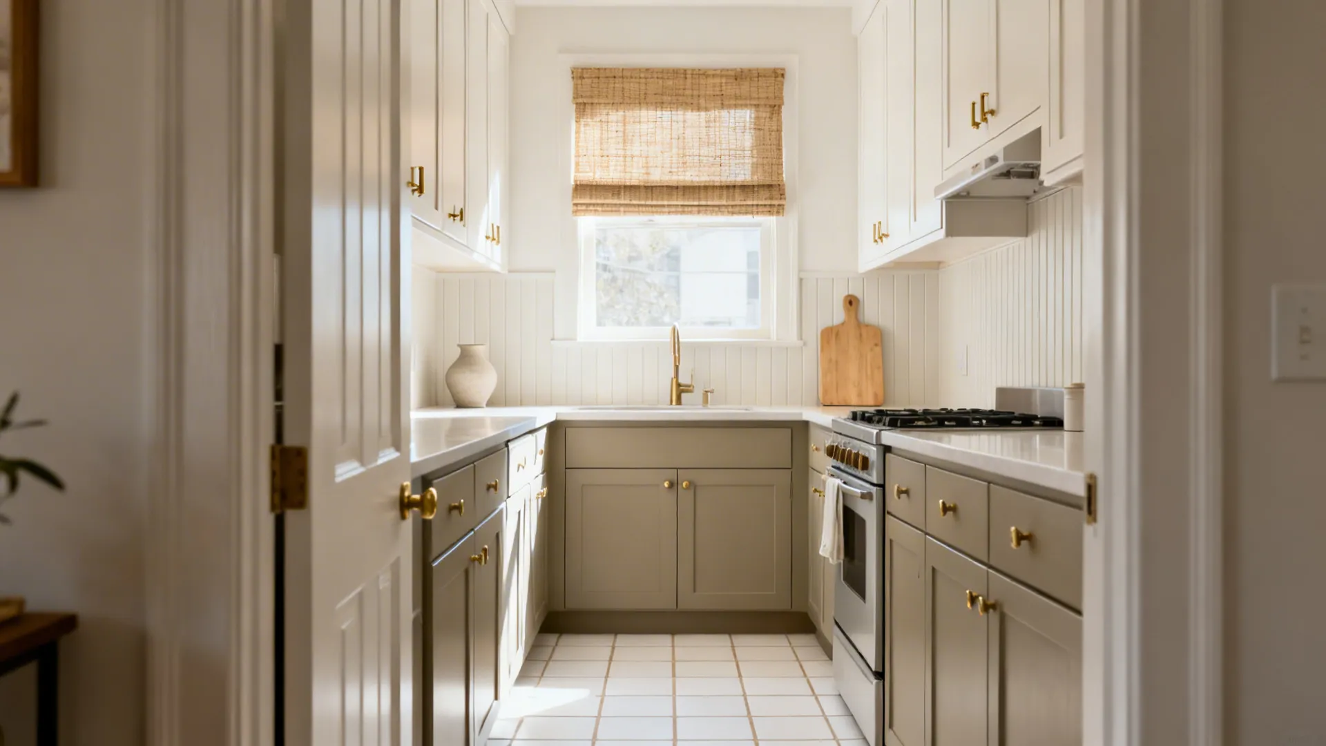 Small kitchen with greige cabinets white wall panels gold handles and a woven window blind