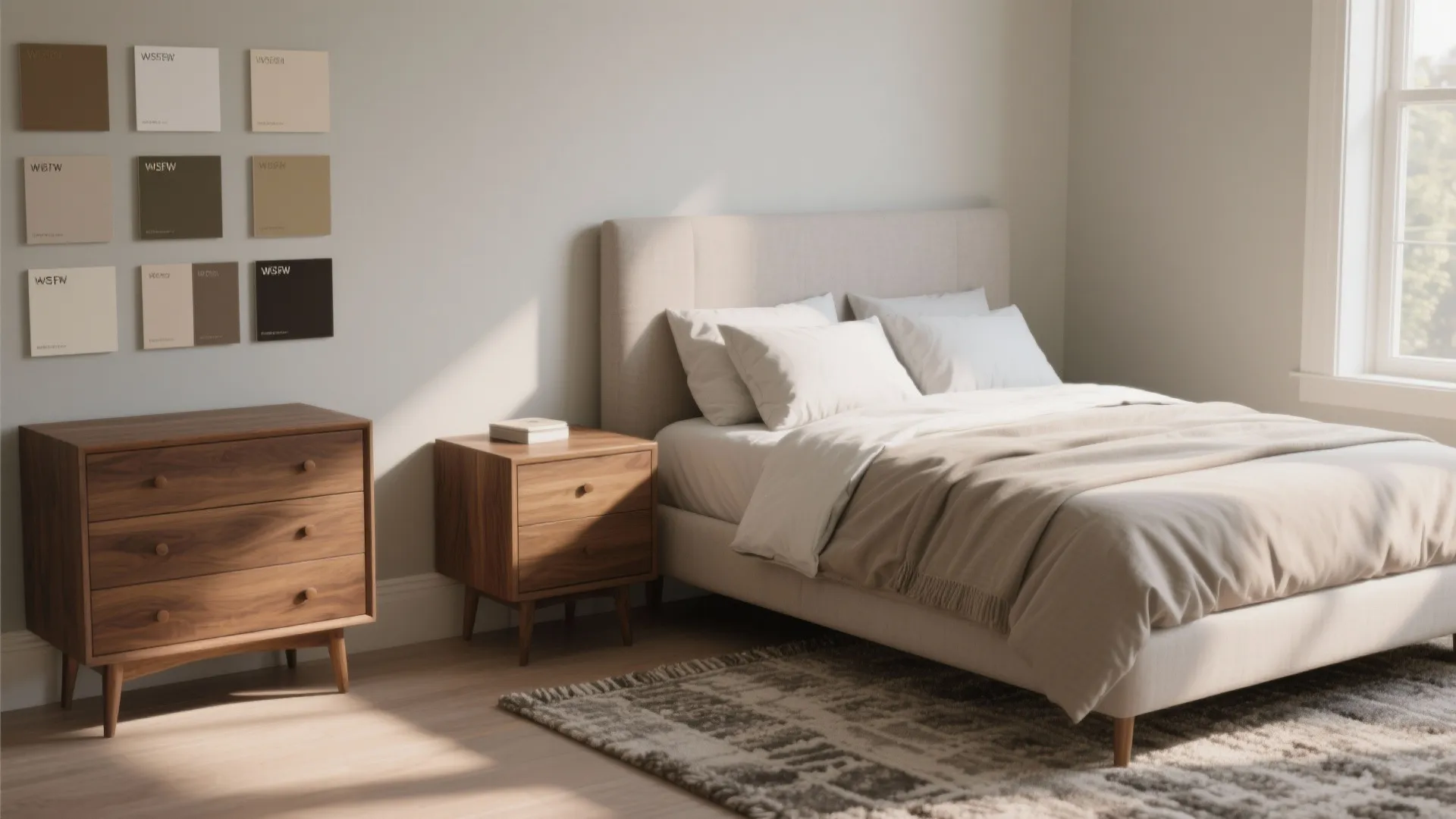 Modern bedroom featuring a wooden cabinet and nightstand with paint color samples on the wall
