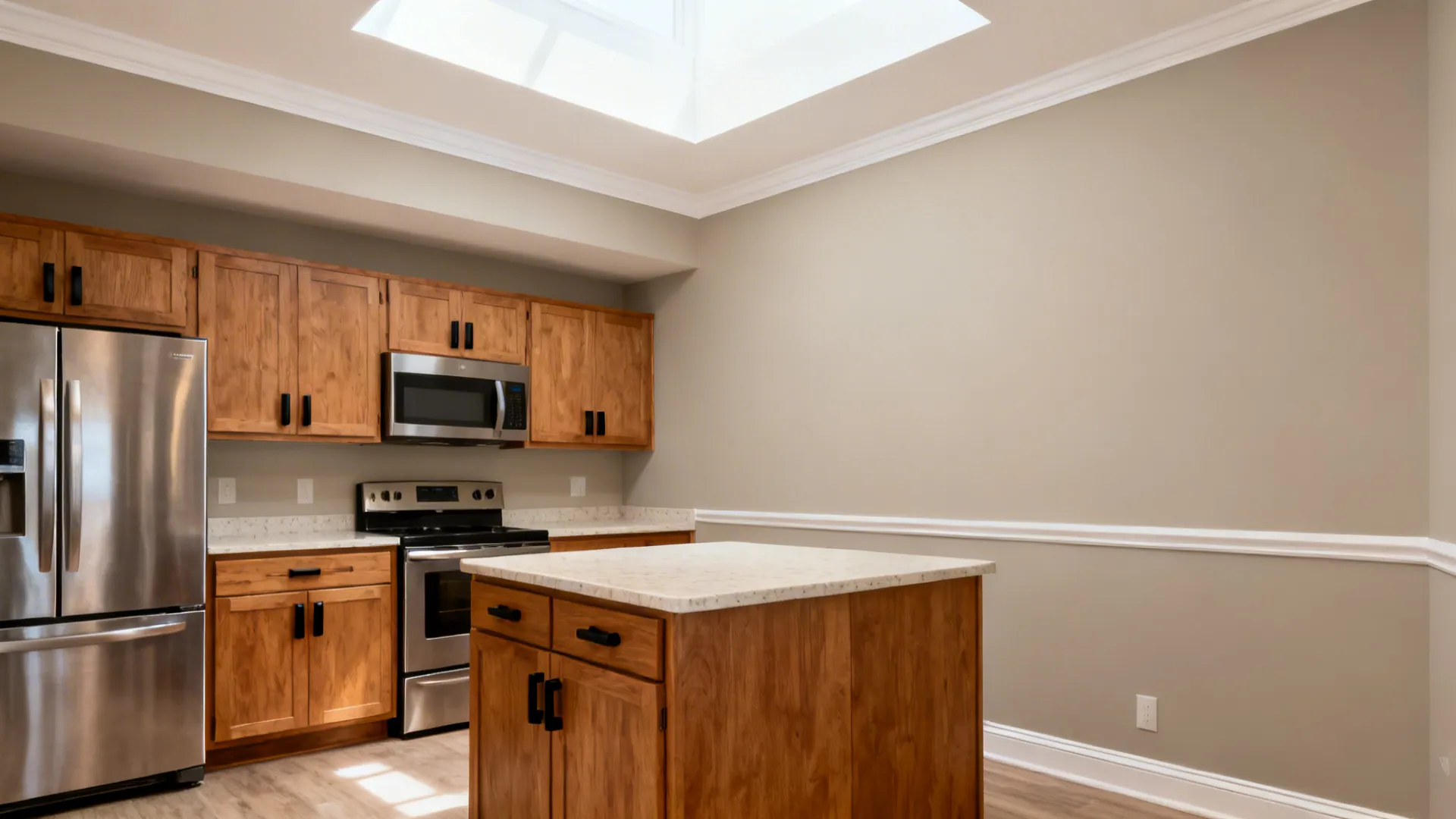 Greige kitchen walls with warm white trim and oak cabinets in a bright small space.