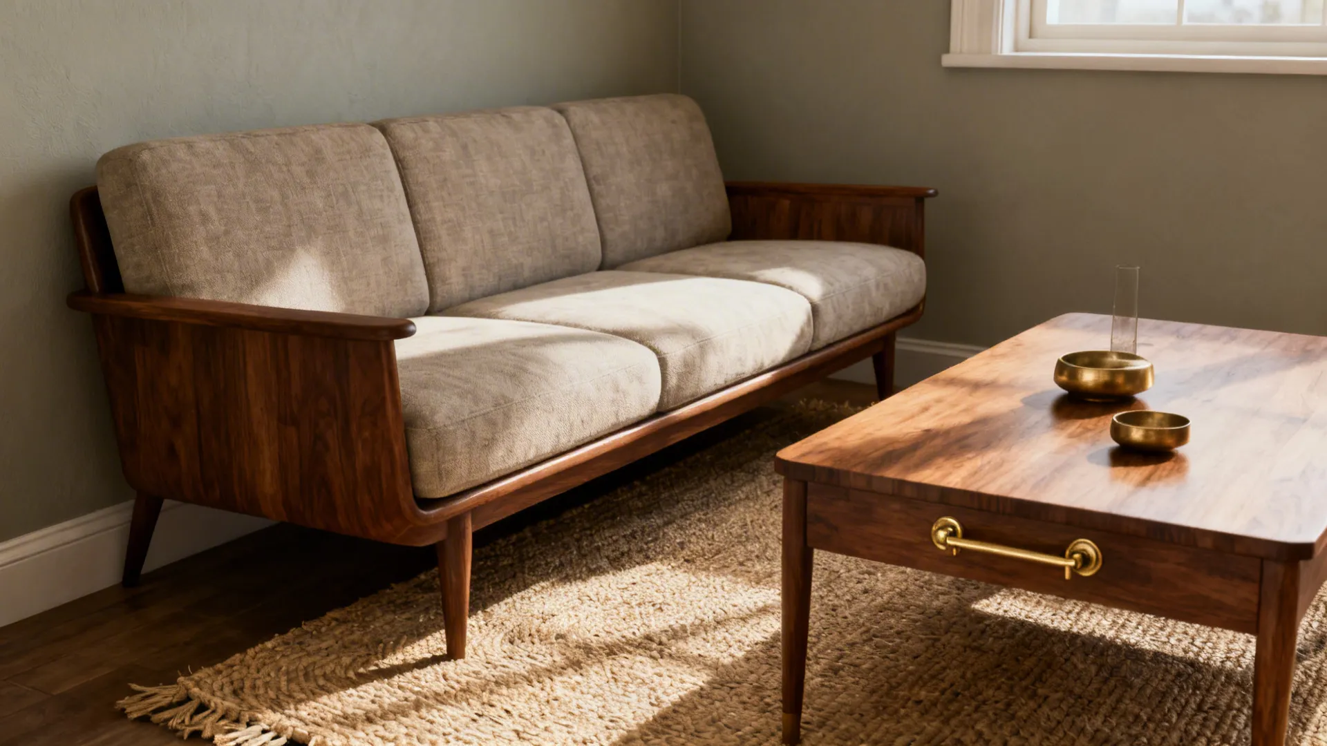 Cozy small living room with soft greige walls, walnut furniture, and brass accents.