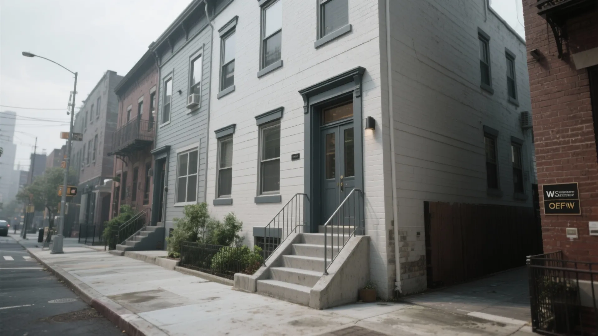 Row of urban brick houses with concrete stairs grey front doors and small green bushes