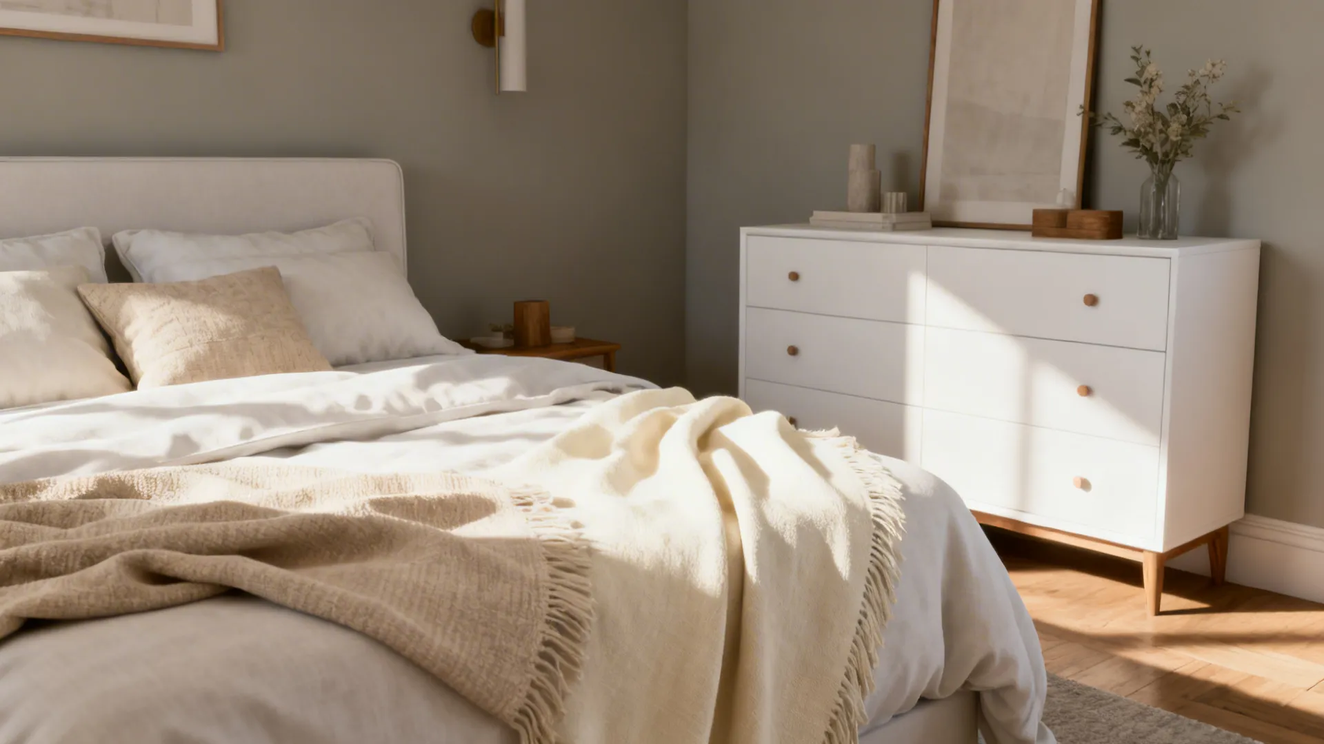 Cozy bedroom with white bed, beige blankets, white cabinet, wood floor, and sunlight through window