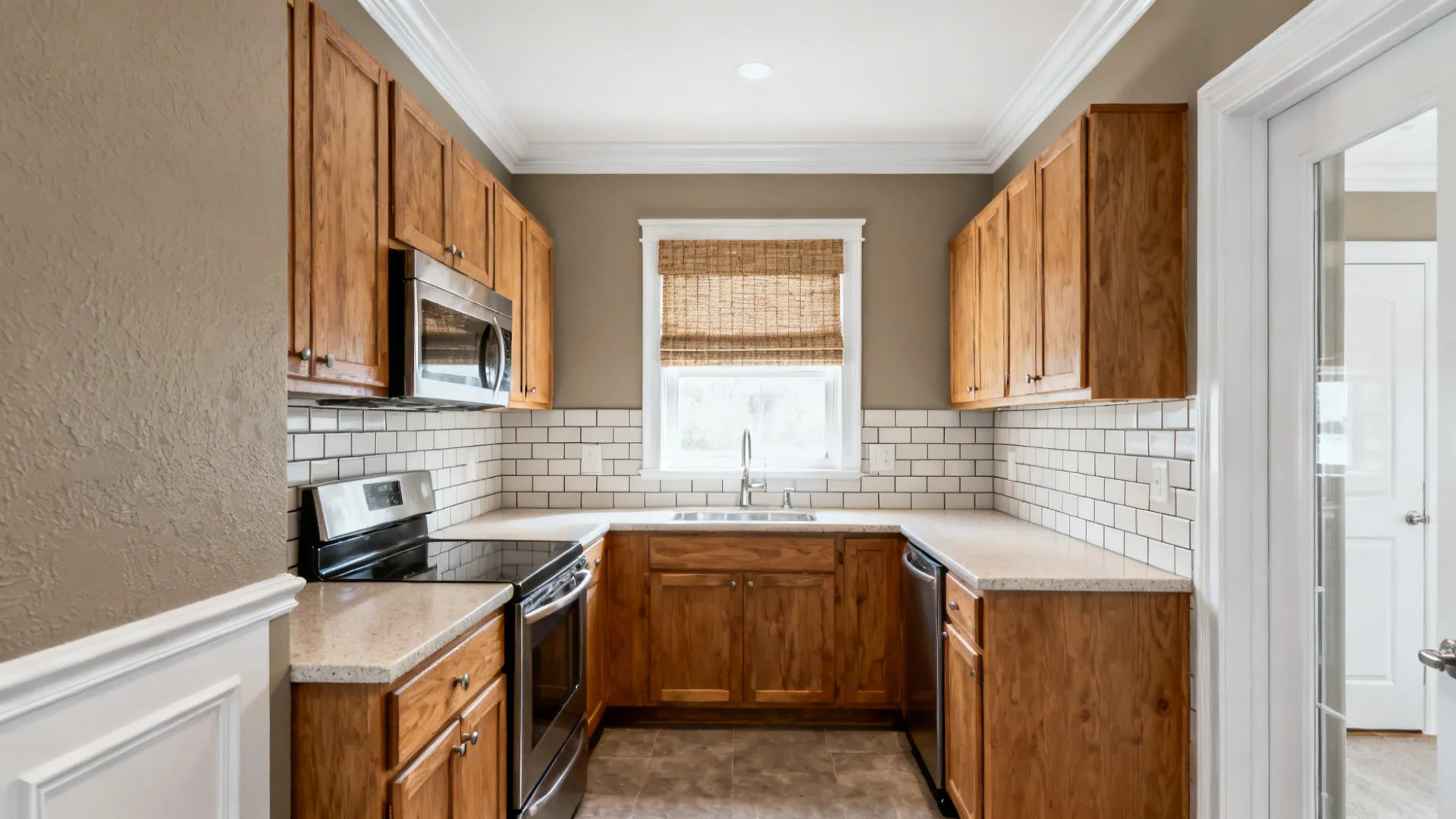 Small kitchen with warm greige walls, soft white ceiling and trim, oak cabinets, and stainless accents in daylight.