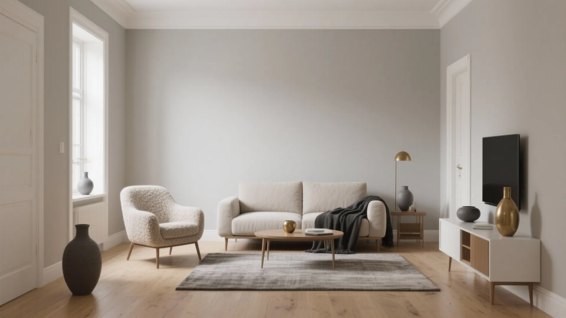 Minimalist living room with grey walls cream sofa fluffy armchair wooden floor and large black vase