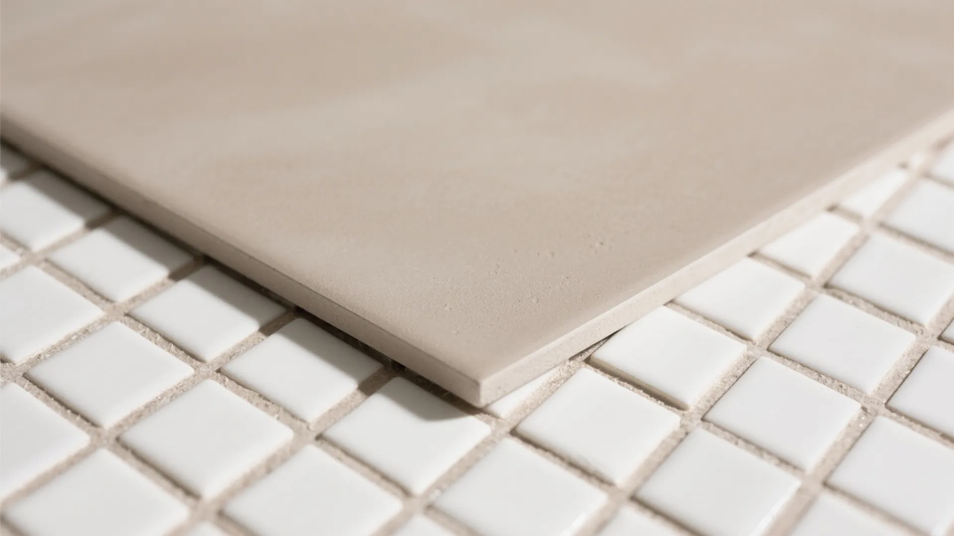 Macro detail of greige wall tile and white mosaic floor with matching grout lines.