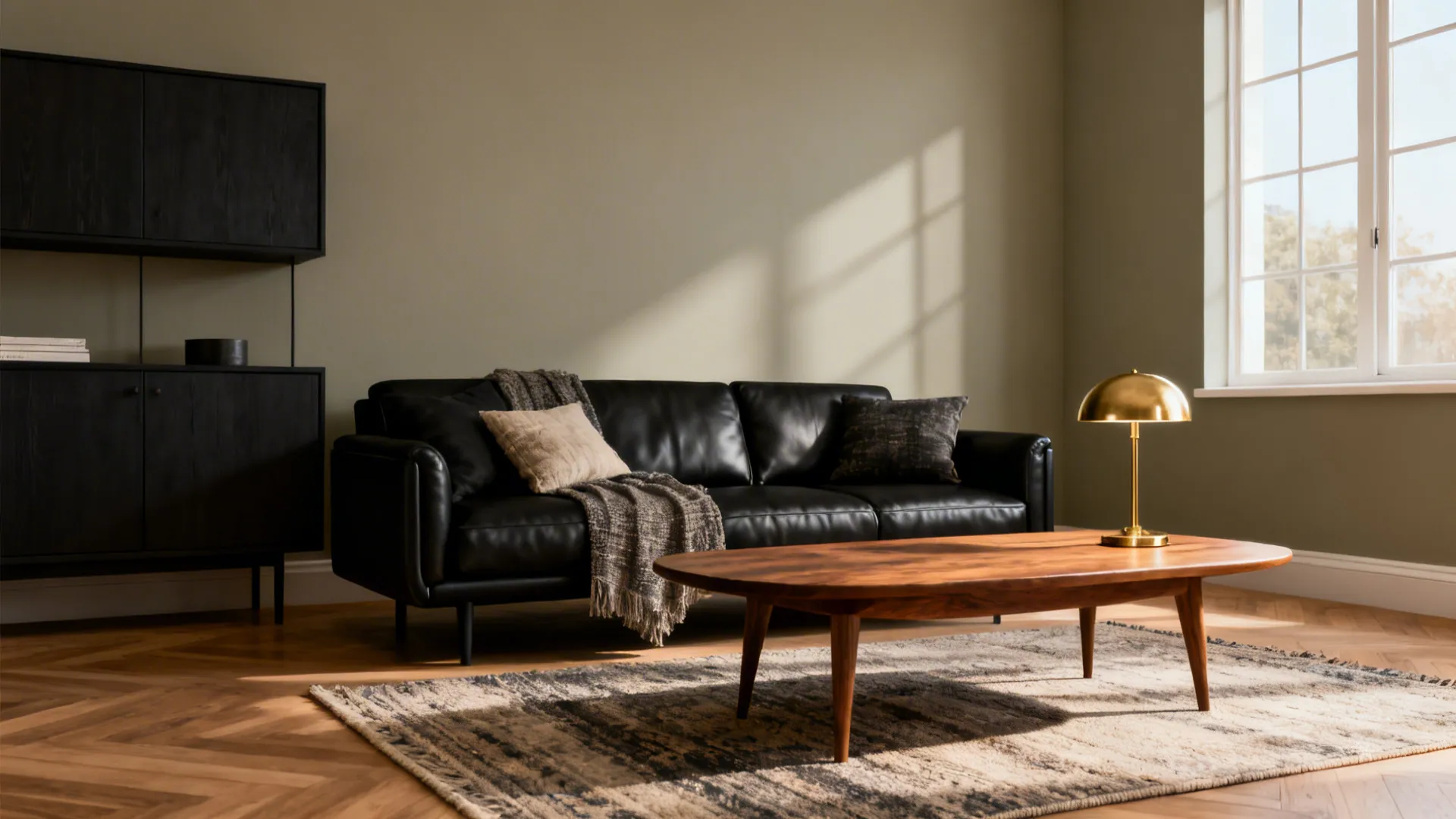 Modern living area with black furniture against warm greige walls and brass accents