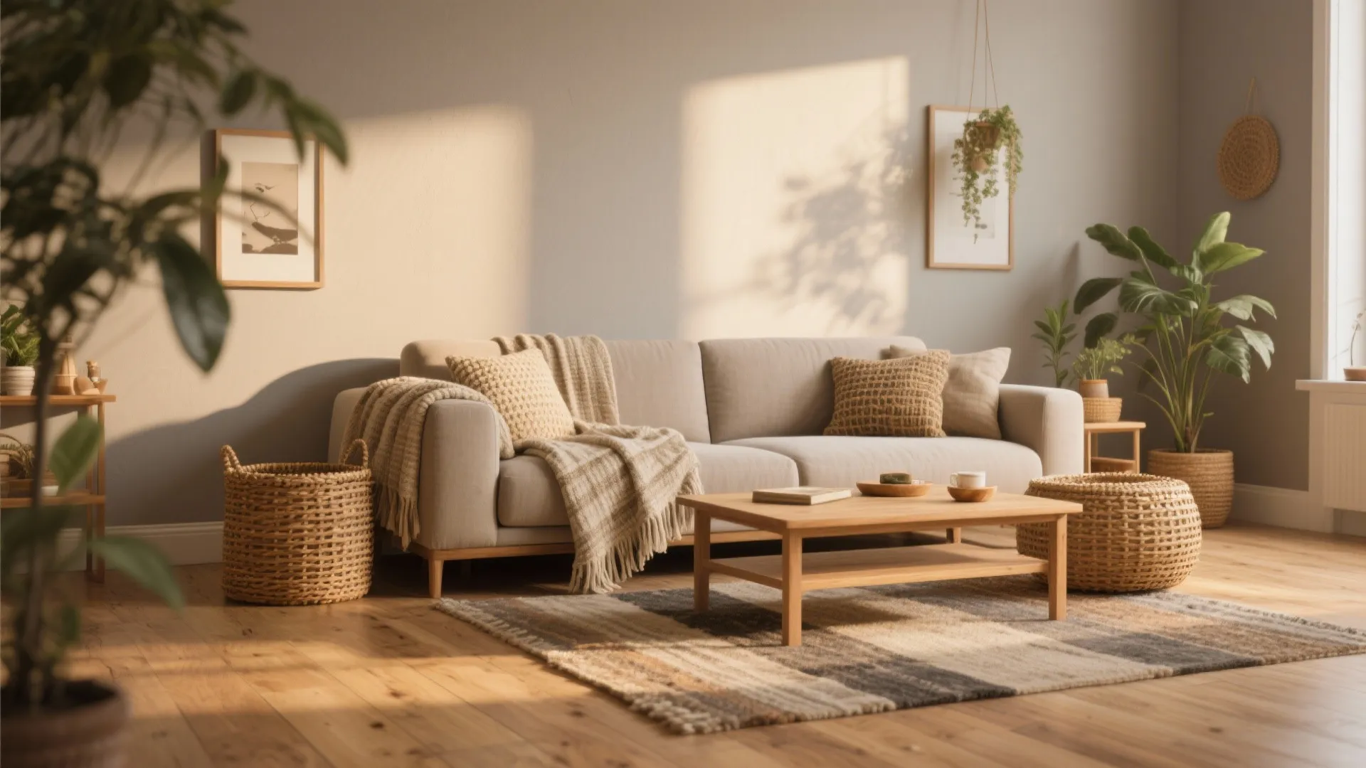 Cozy living room with beige sofa wooden coffee table woven baskets green plants and light