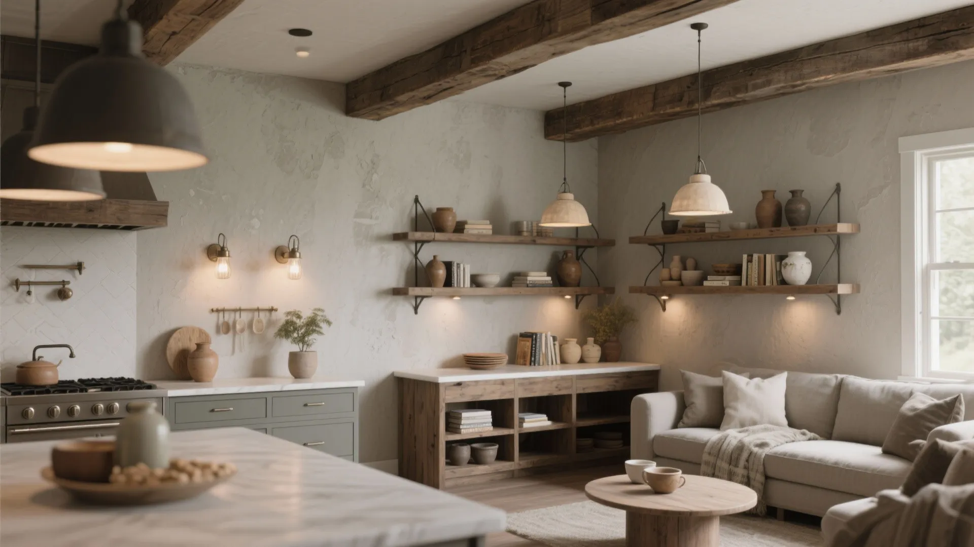 2. Greige Base with Rustic Wood Accents