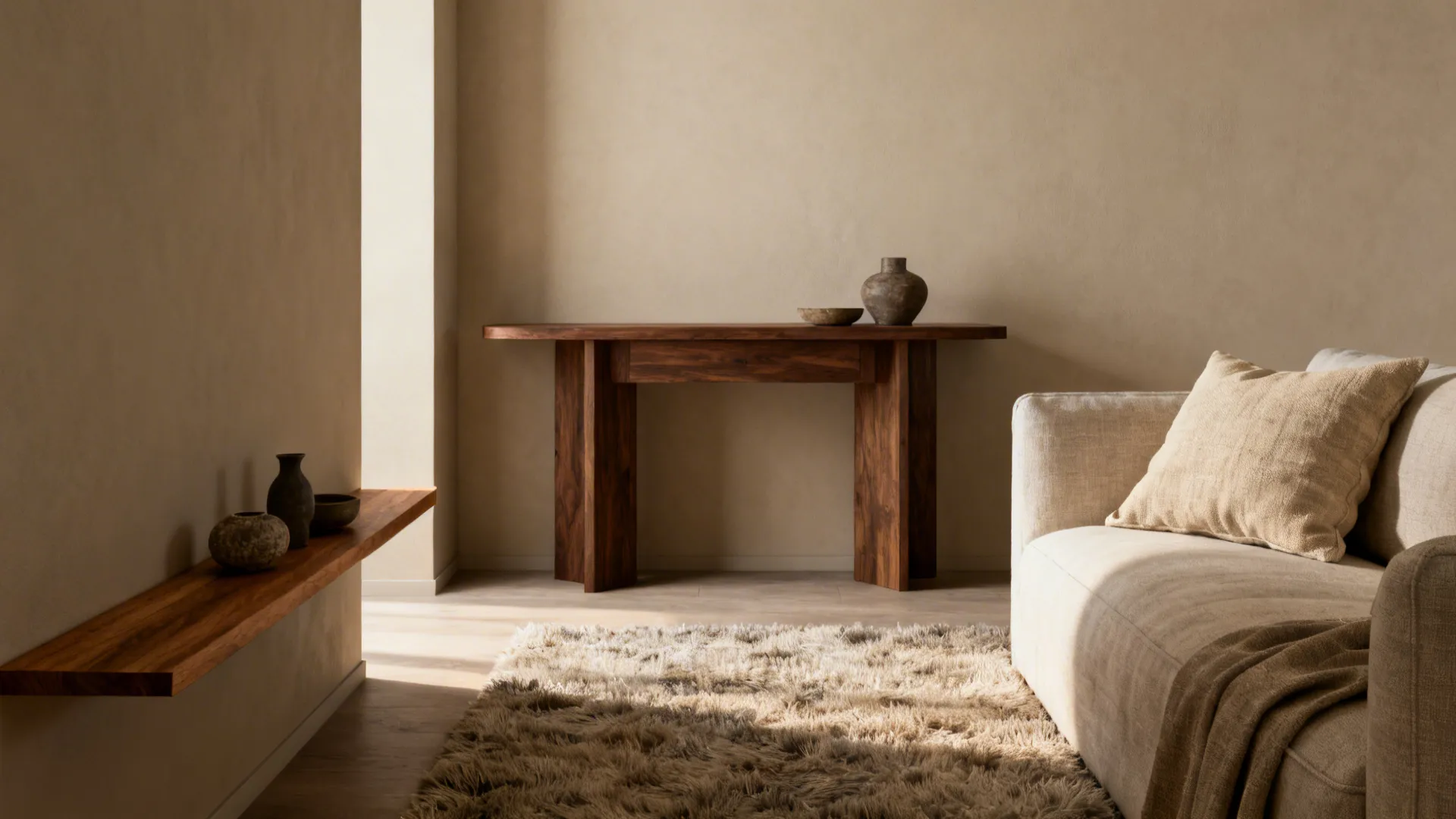 Small living area with warm greige wall, walnut console and floating shelf, linen textiles and plants.