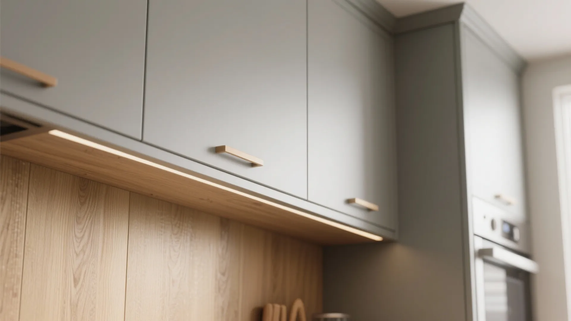 Modern grey kitchen cabinets with wooden handles and warm LED strip lighting under the wall units