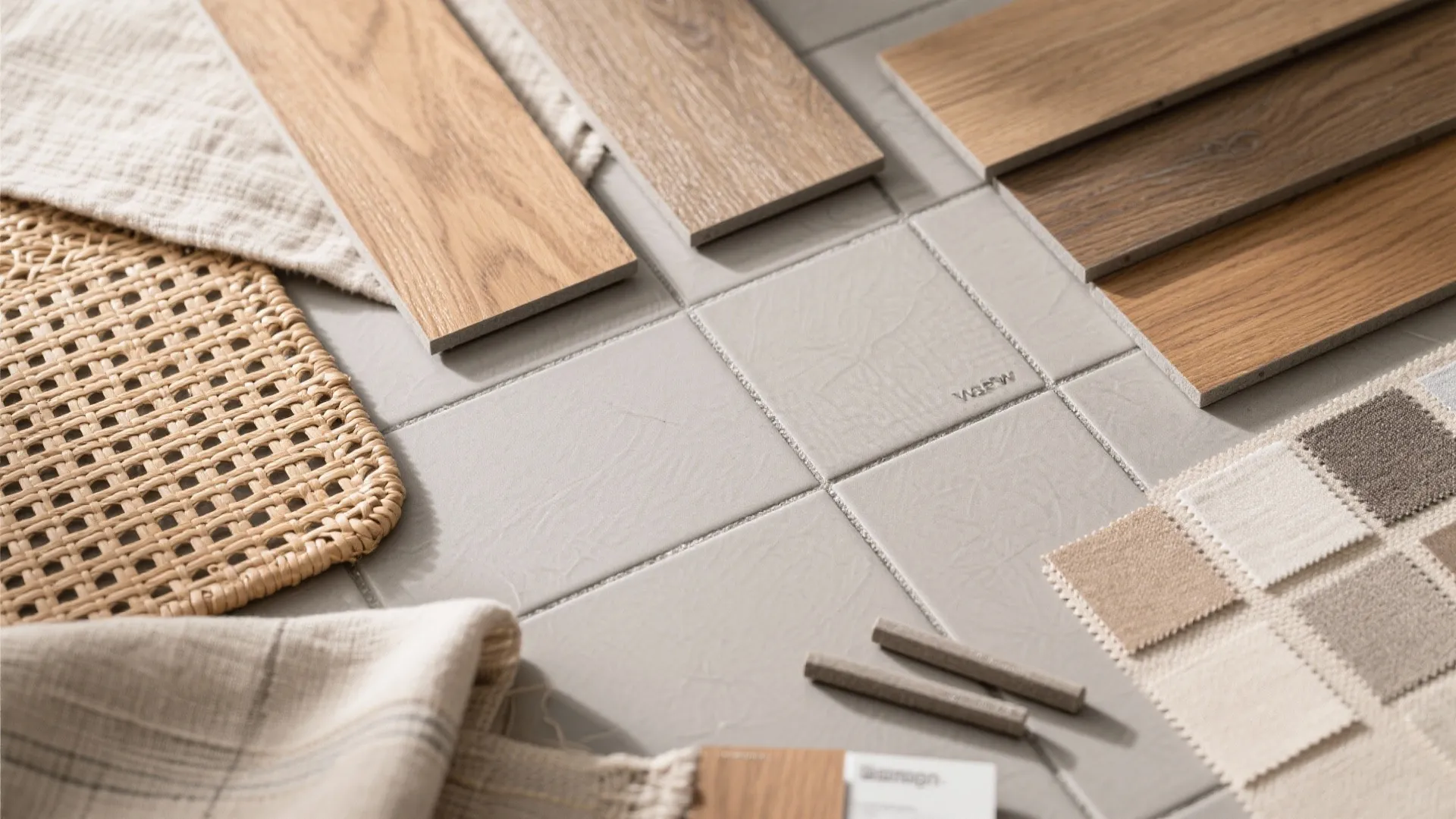 Interior design materials mood board with wood floor samples fabric swatches rattan and grey square tiles