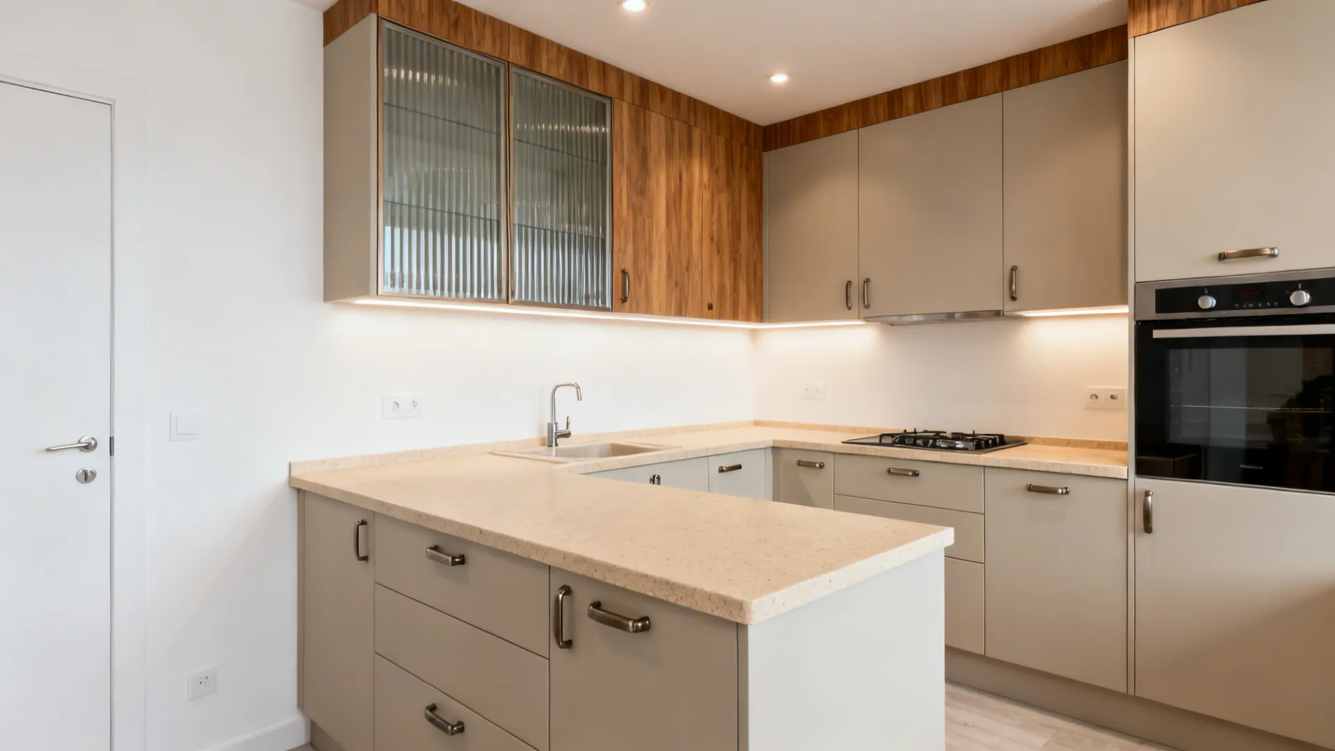 Small kitchen with soft greige cabinets and warm oak accents under soft daylight.