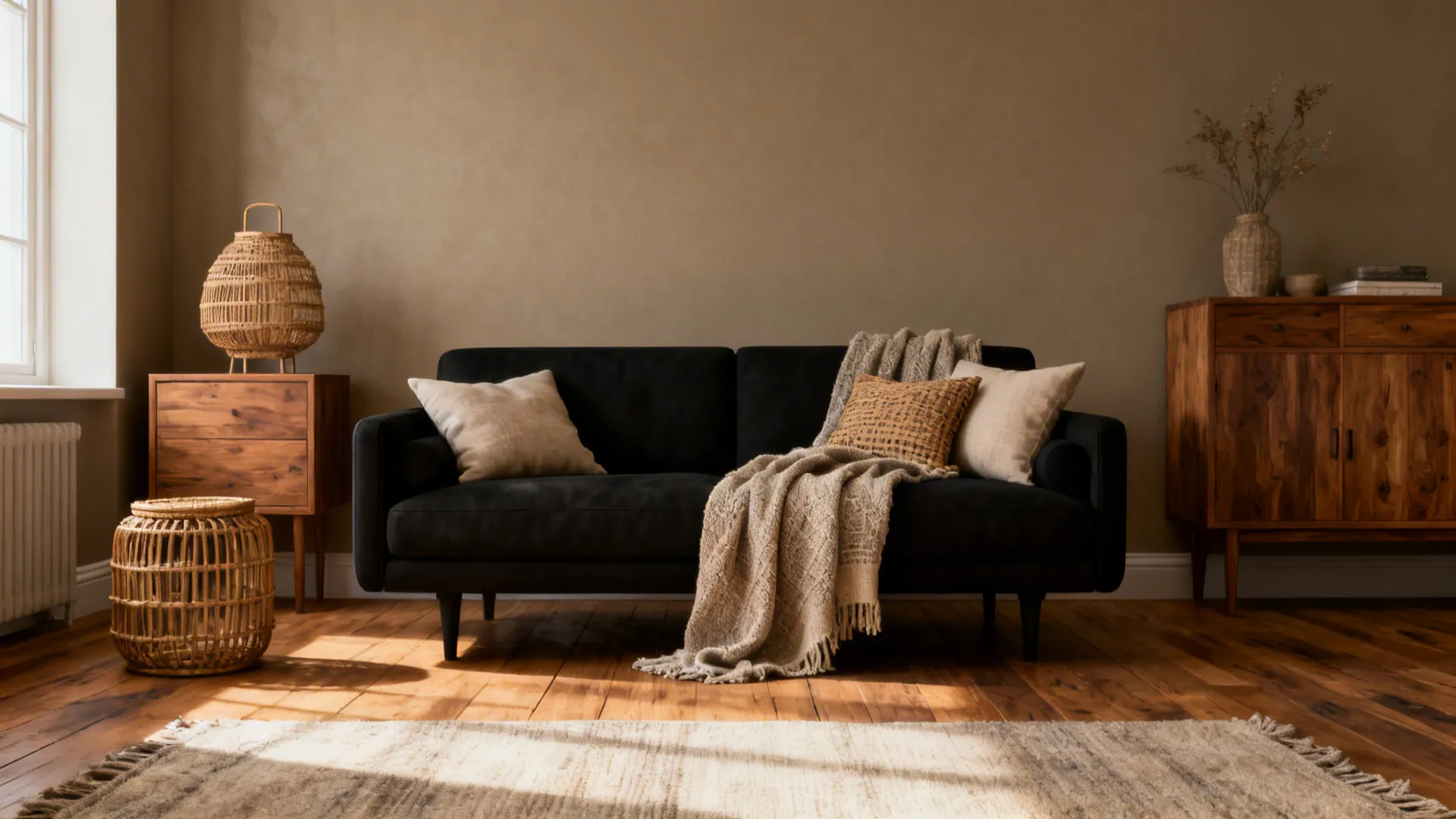 Black sofa with warm greige walls and mid-tone oak furniture in a cozy living room