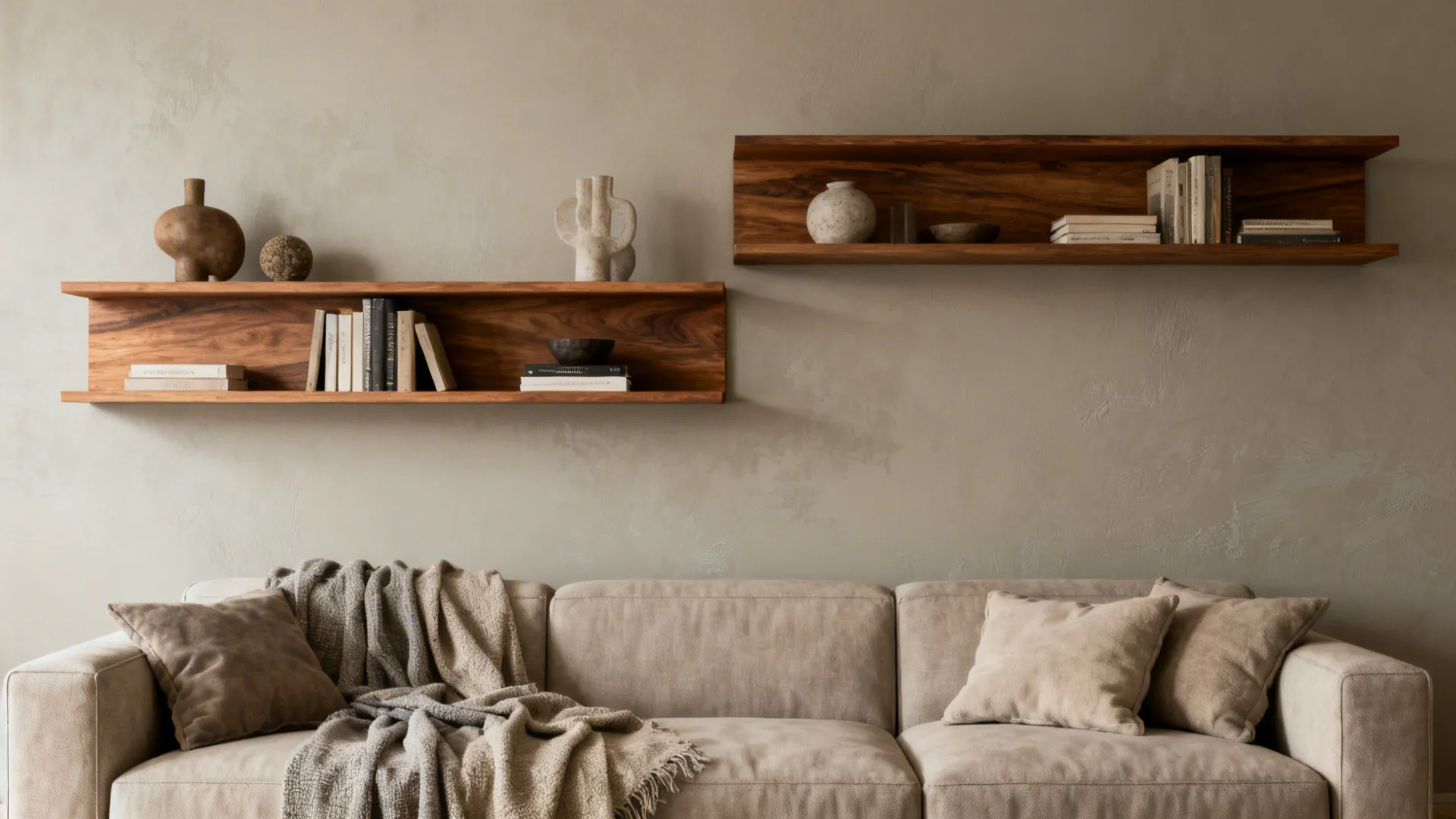 Cozy living room with soft greige walls and warm floating wood shelves