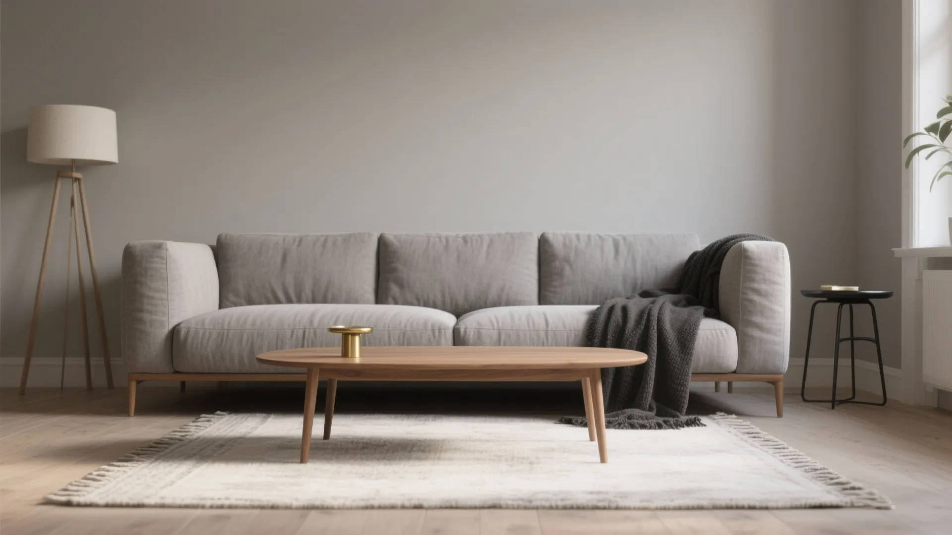 Modern living room featuring grey sofa wooden coffee table floor lamp and a soft white rug