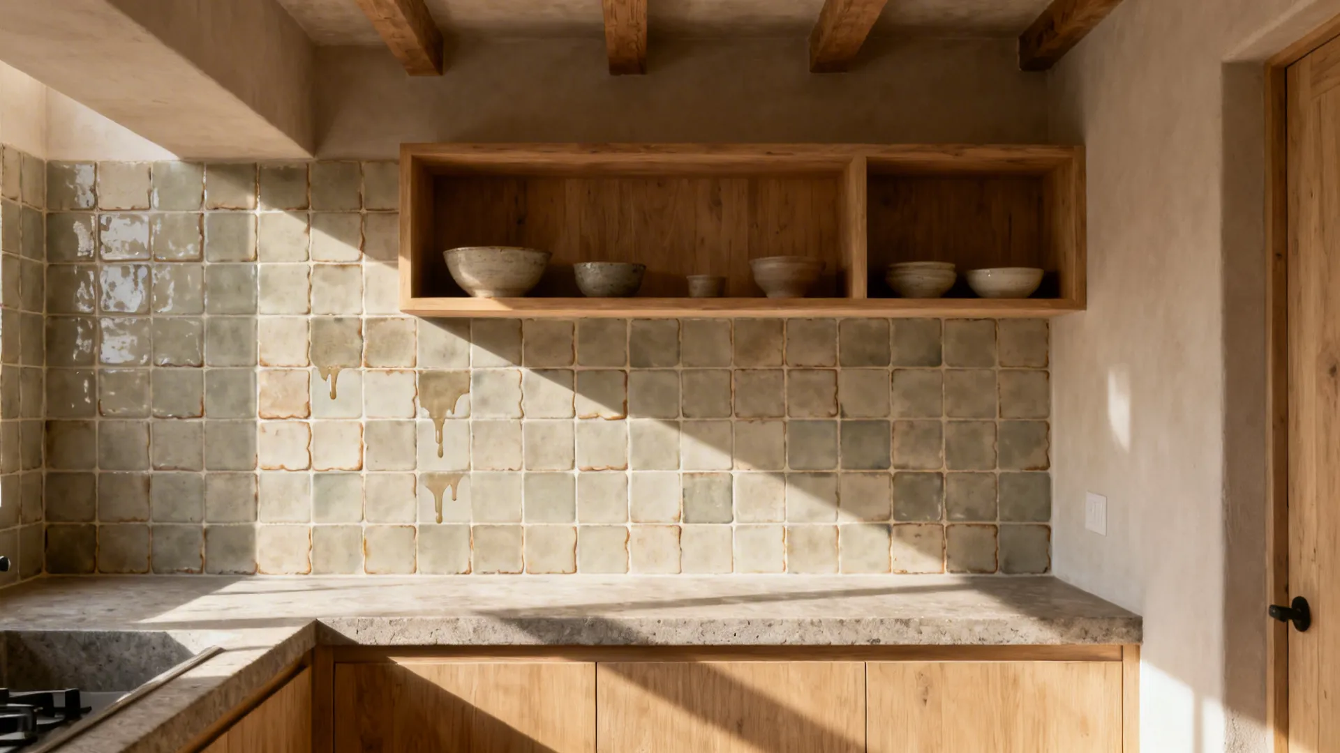 Small kitchen with greige zellige tile backsplash catching soft daylight and open oak shelves.