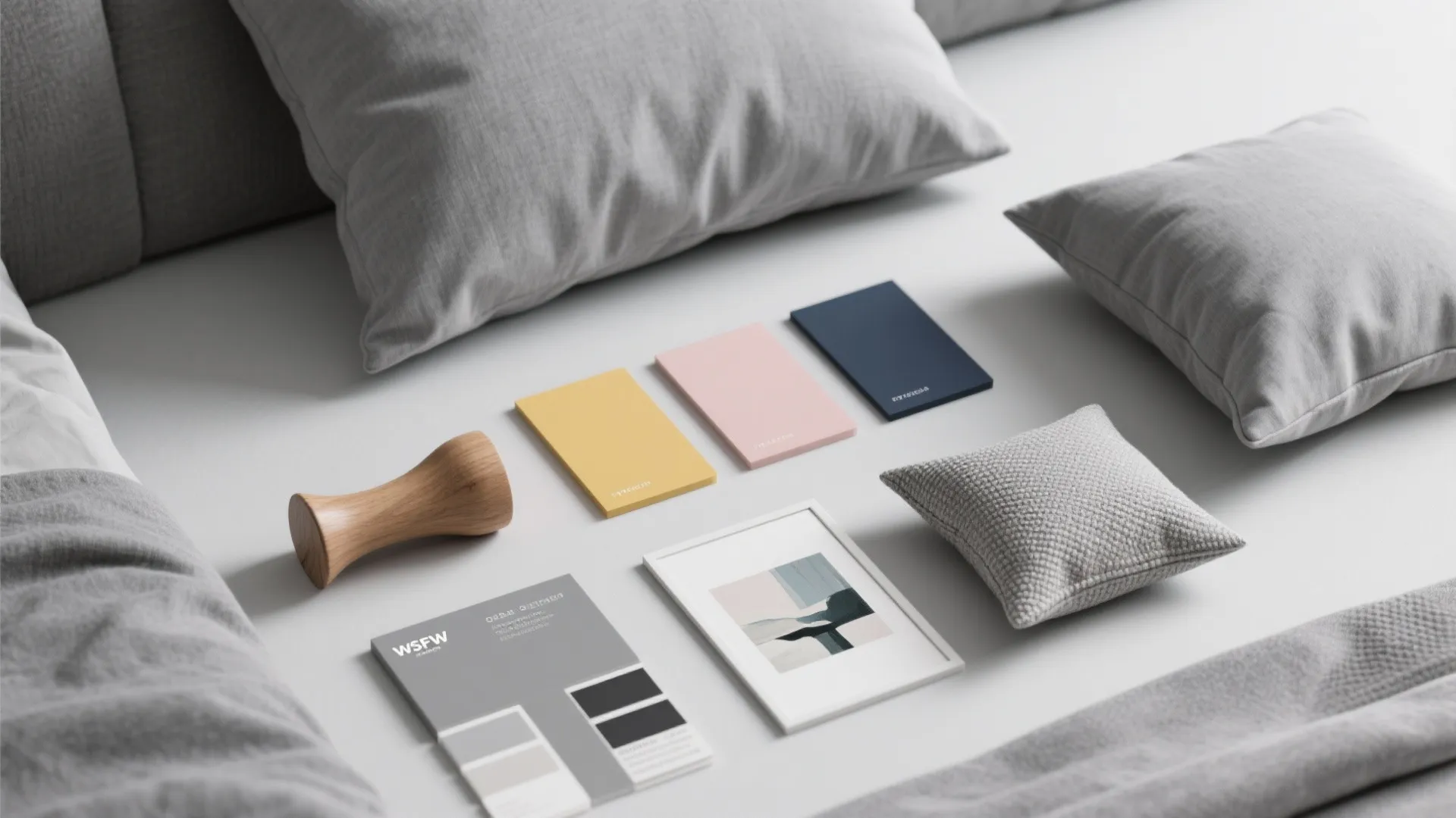 Interior design mood board with colorful paint samples grey pillows small frame and wooden tool