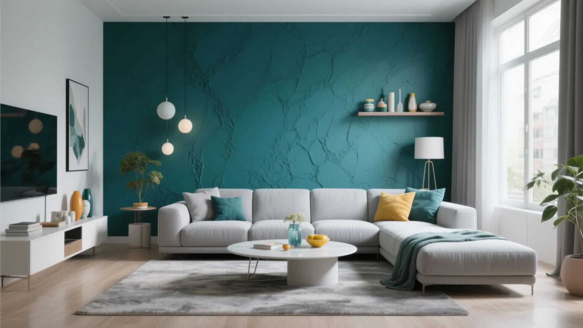Grey sectional sofa in front of bold teal accent wall with bright accessories