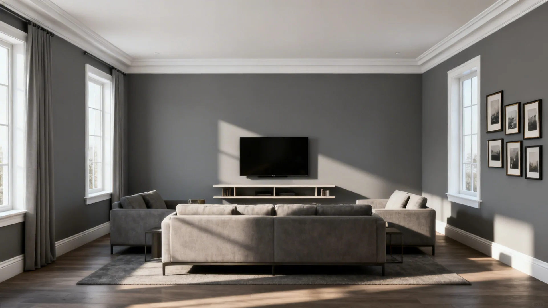 Living room with a mid-grey accent wall and crisp white trim showcasing a gallery layout