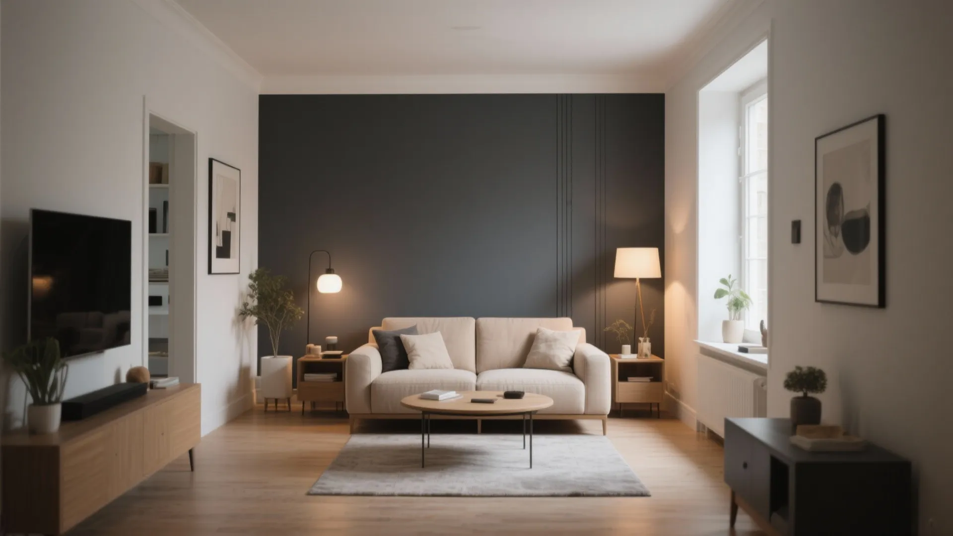 Modern living room with dark grey accent wall beige sofa wood floor and floor lamp lighting