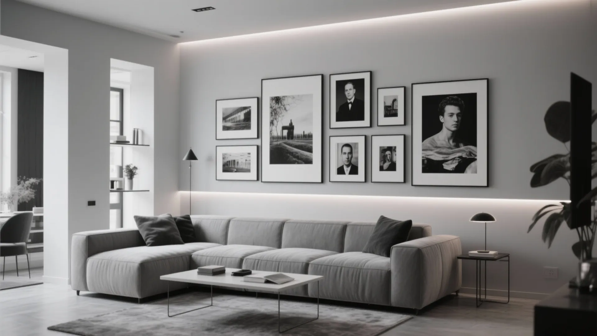Soft grey living room walls displaying black-and-white photography gallery