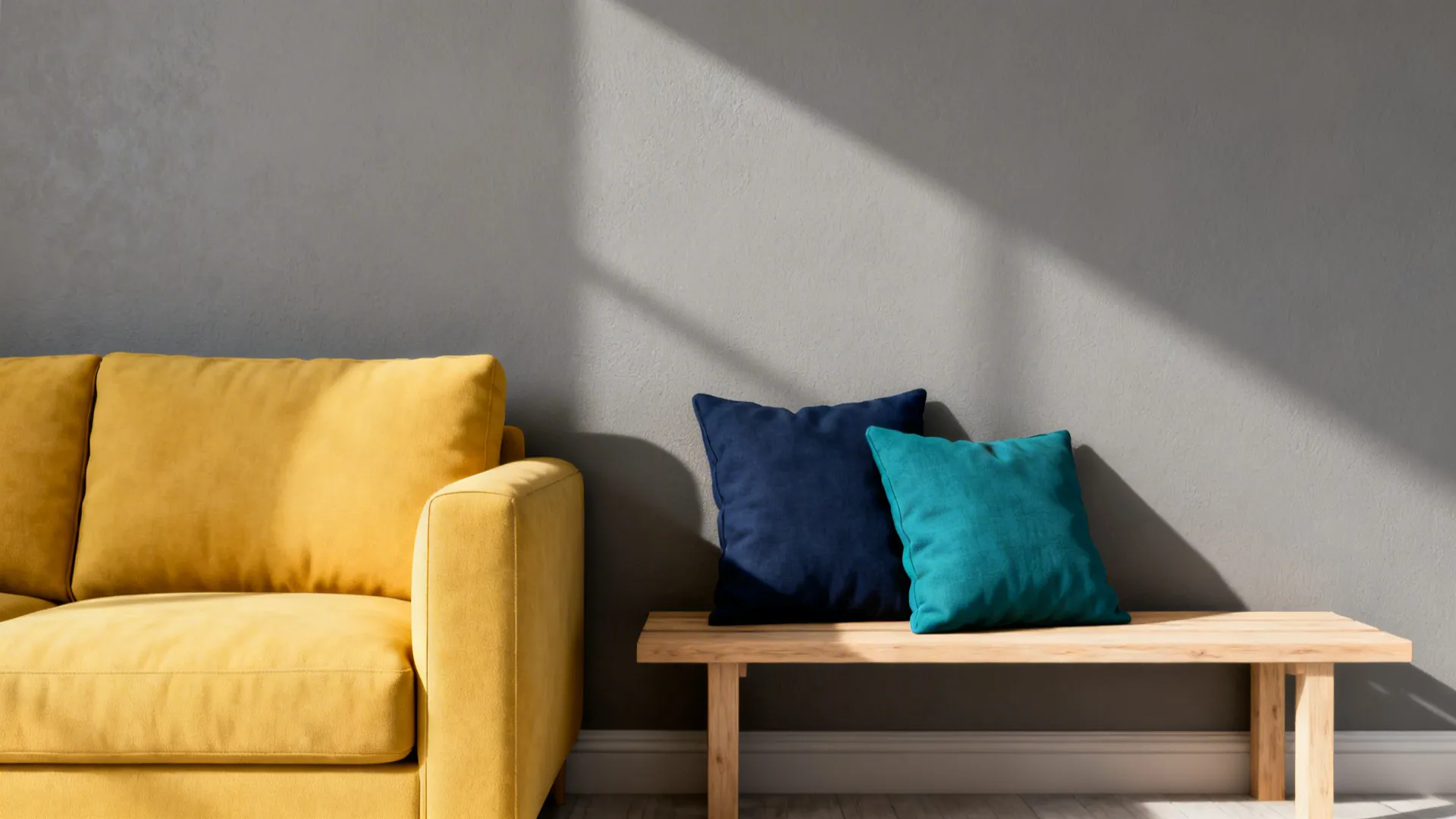 Mid-tone warm grey wall with a yellow sofa and blue cushions, showing paint swatches and textures.