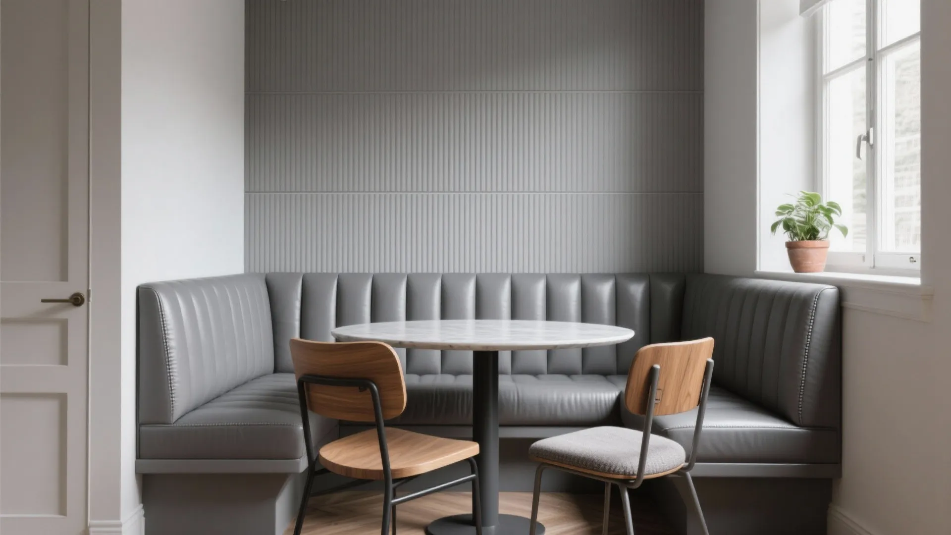 Dining area with grey bench seating marble table two wooden chairs and a wall panel