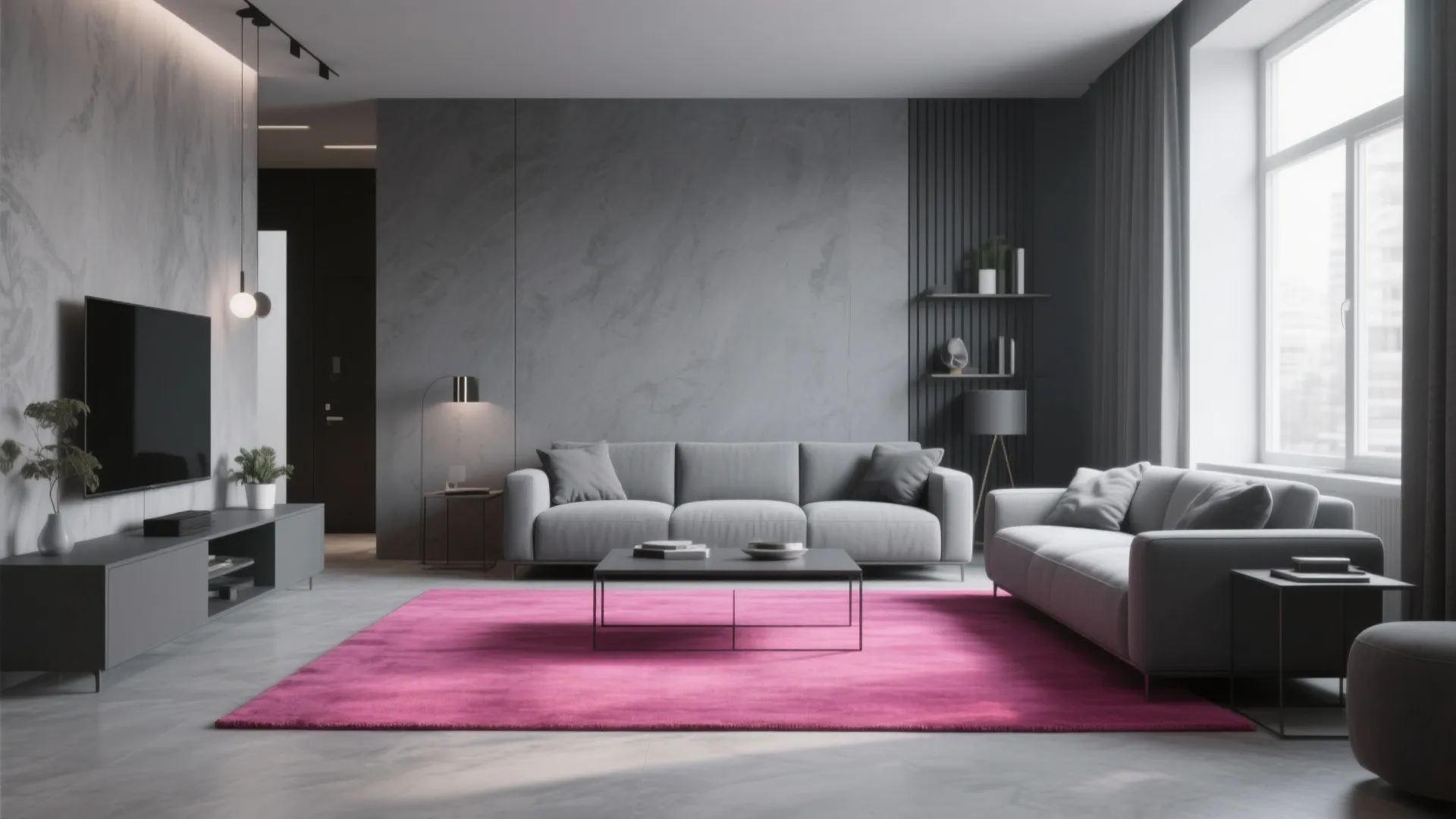 Monochrome grey living room with bold pink rug