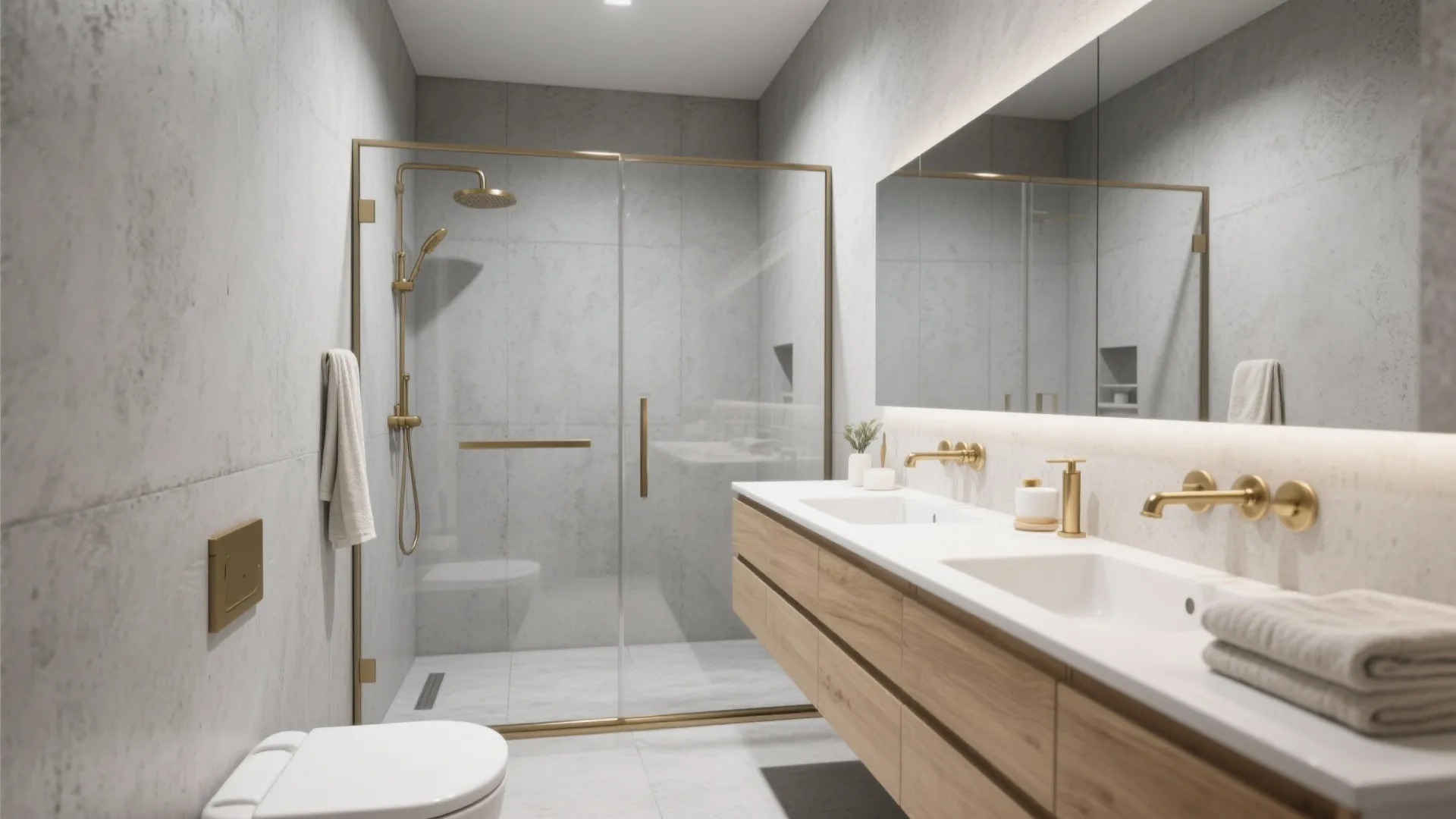 Modern bathroom with grey stone tiles glass shower area wooden cabinet and gold colored taps
