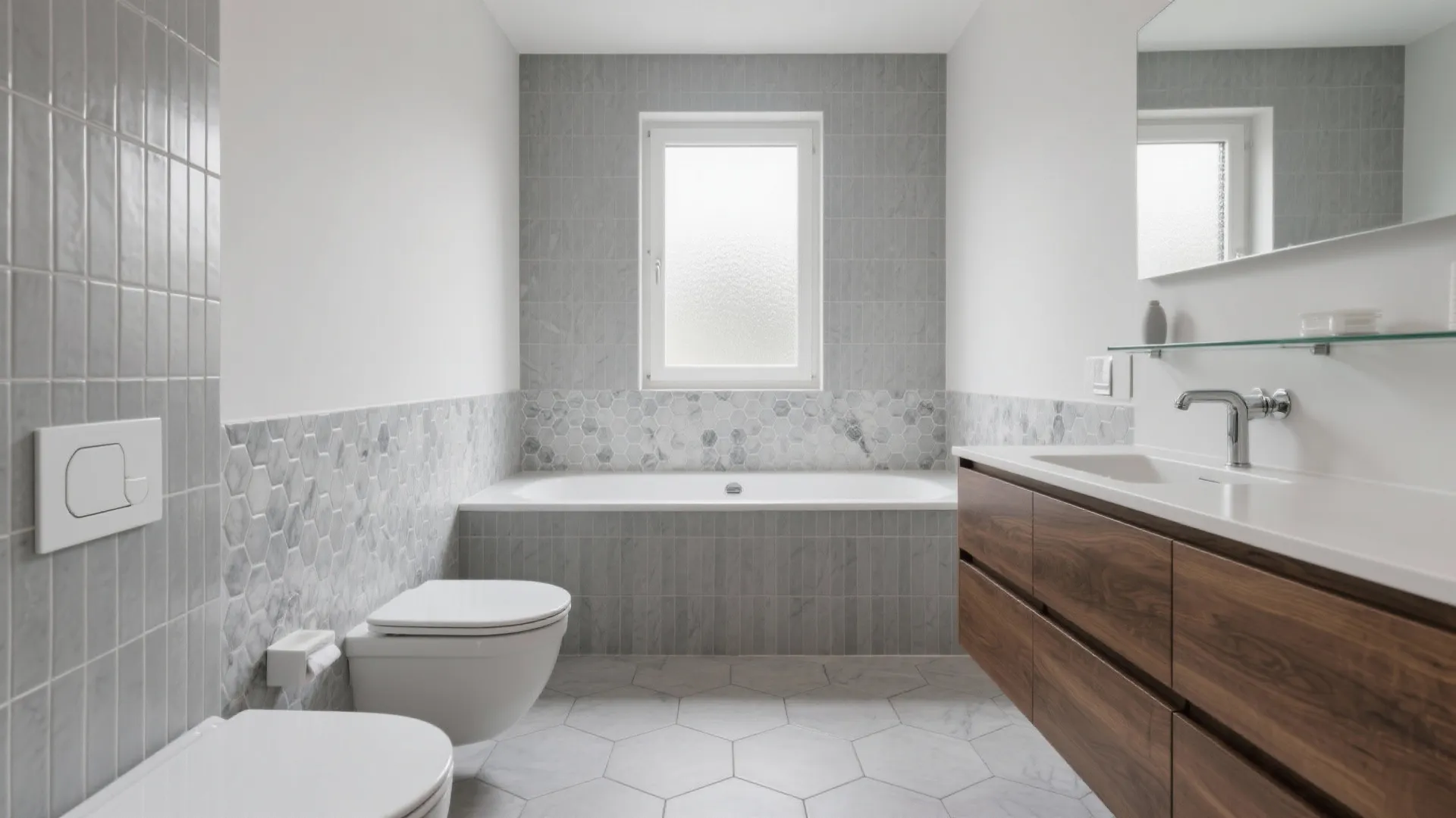 Modern bathroom with grey wall tiles white bathtub wood cabinet white toilet and a window
