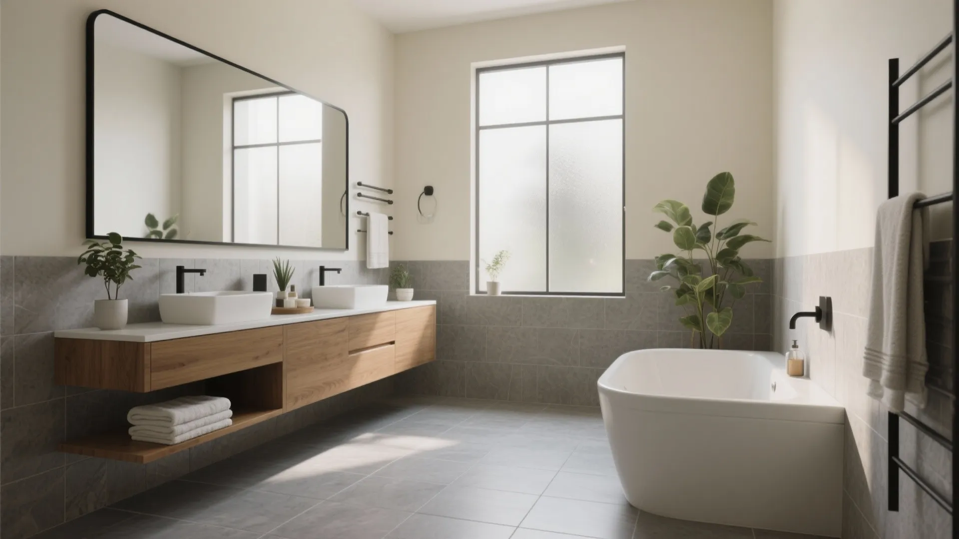 Modern bathroom with wooden cabinet, double sinks, large mirror, white bathtub, green plant, and window