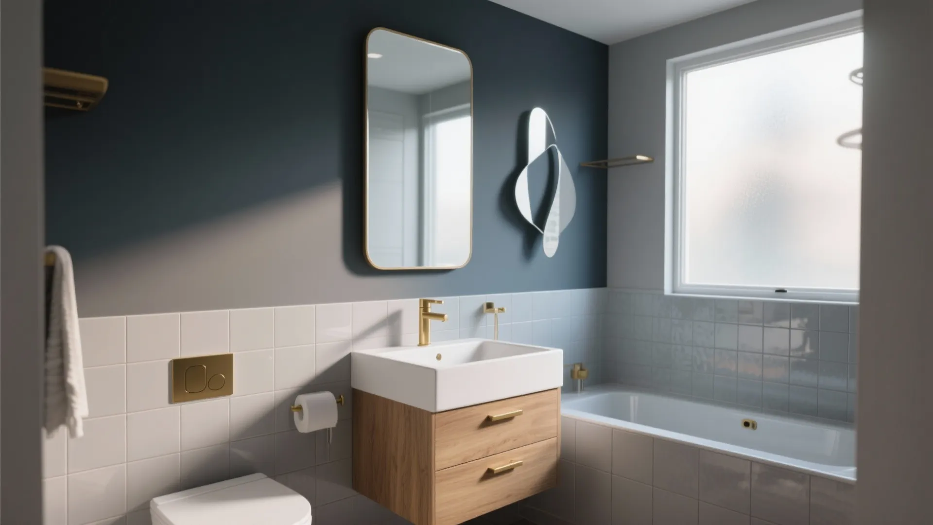 Modern bathroom with dark grey walls white wall tiles wooden cabinet gold faucet and bathtub