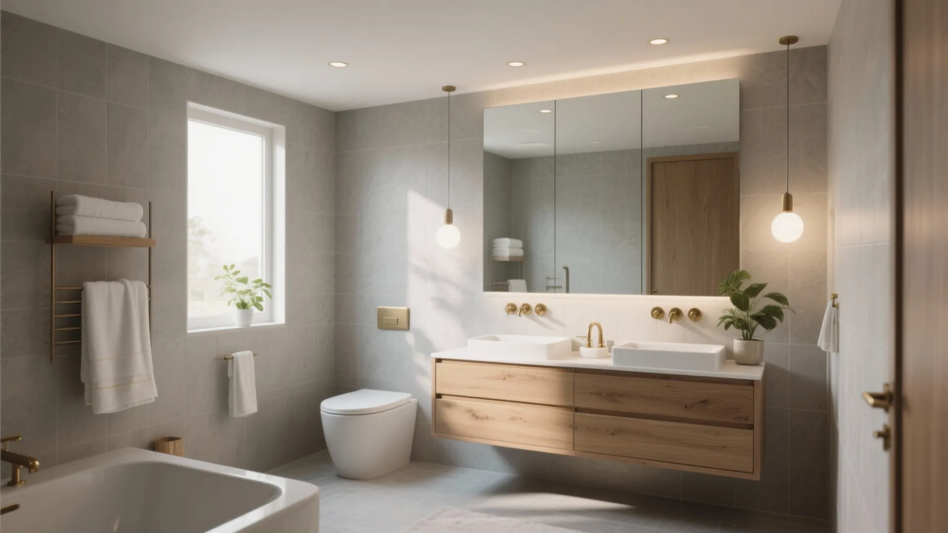 Modern bathroom with double sink wooden cabinet large mirror white toilet bathtub and natural light