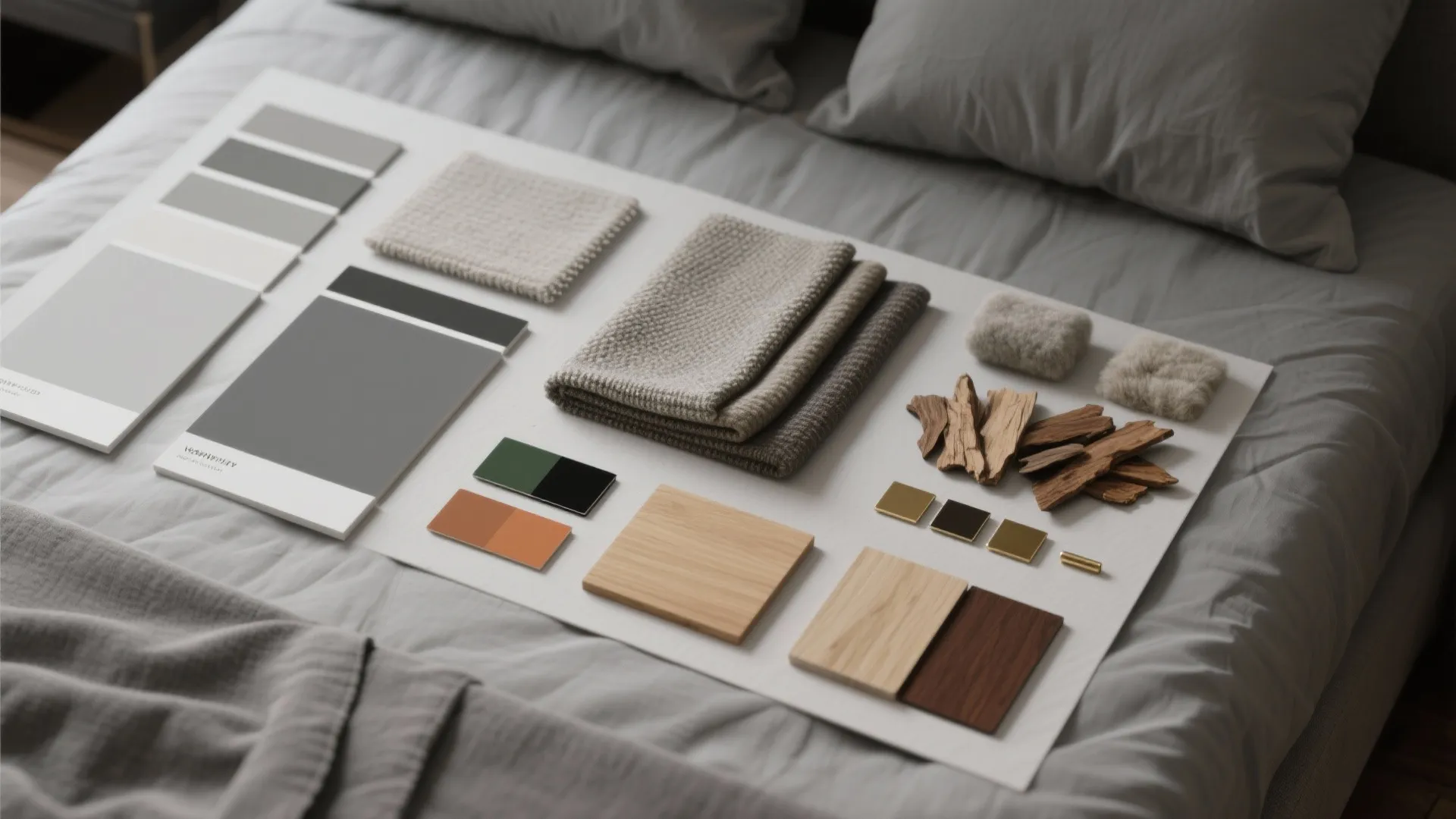 Interior design mood board on grey bed with fabric samples wood pieces and color palettes