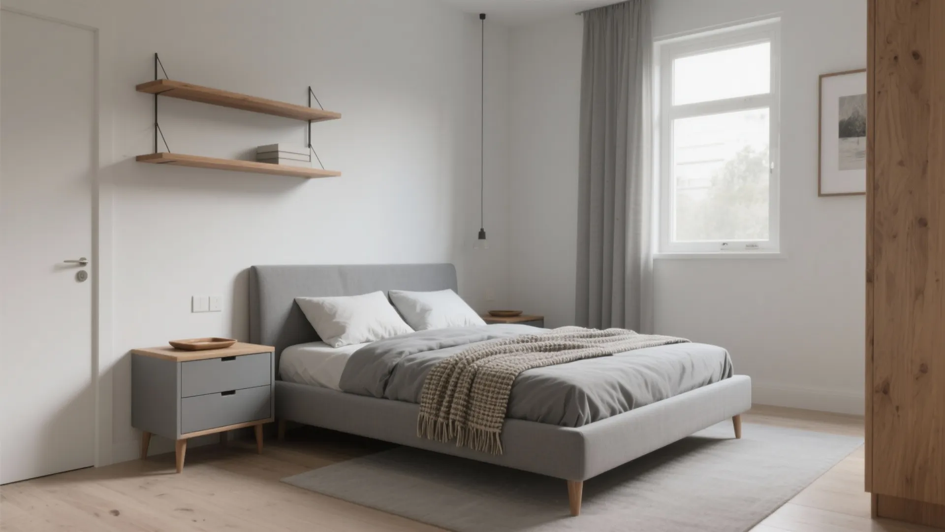 Modern grey bedroom with soft bed, wooden wall shelves, grey nightstand, and natural window light