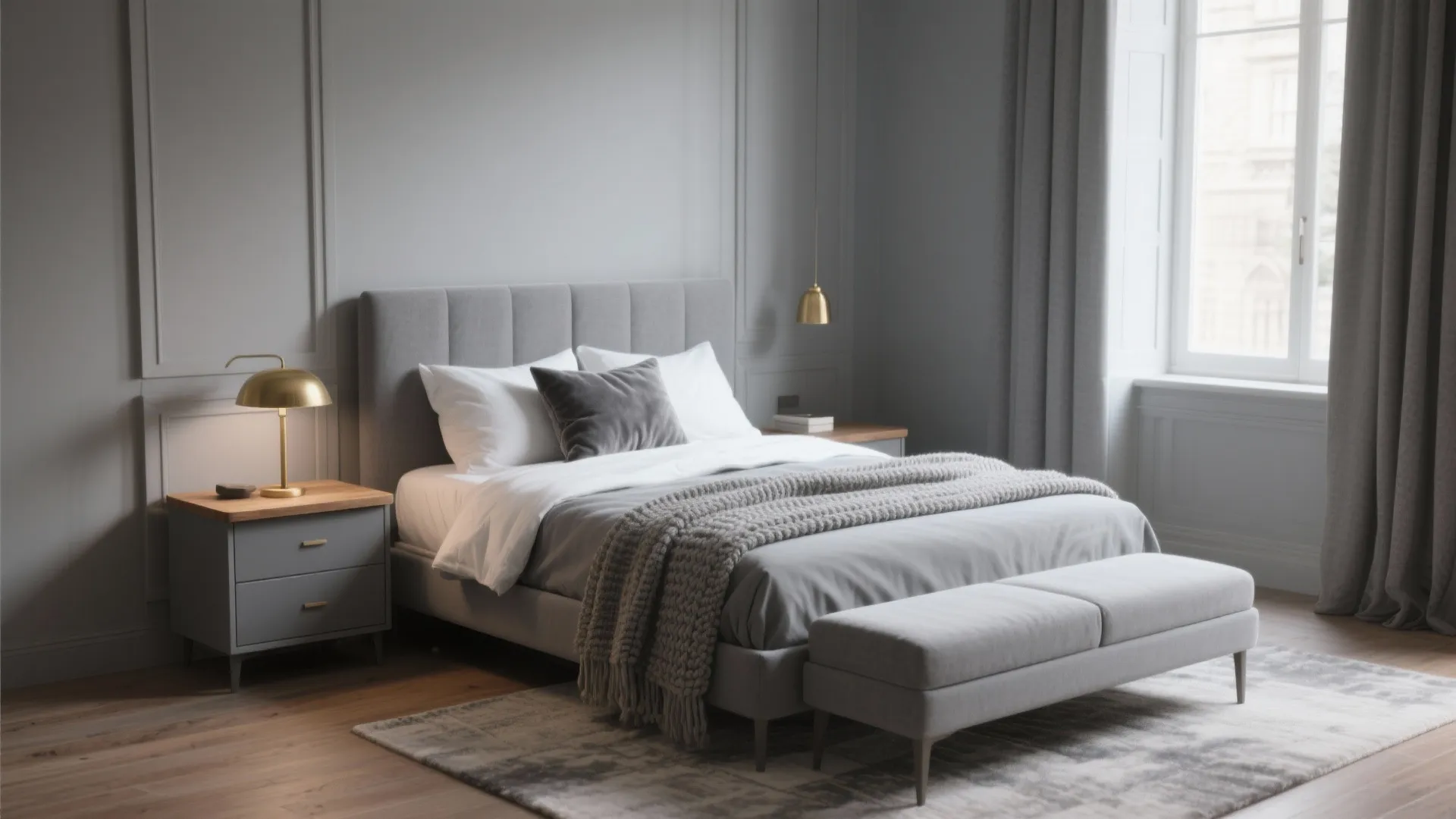 Modern grey bedroom with large bed grey footrest wall panel design and large window curtains