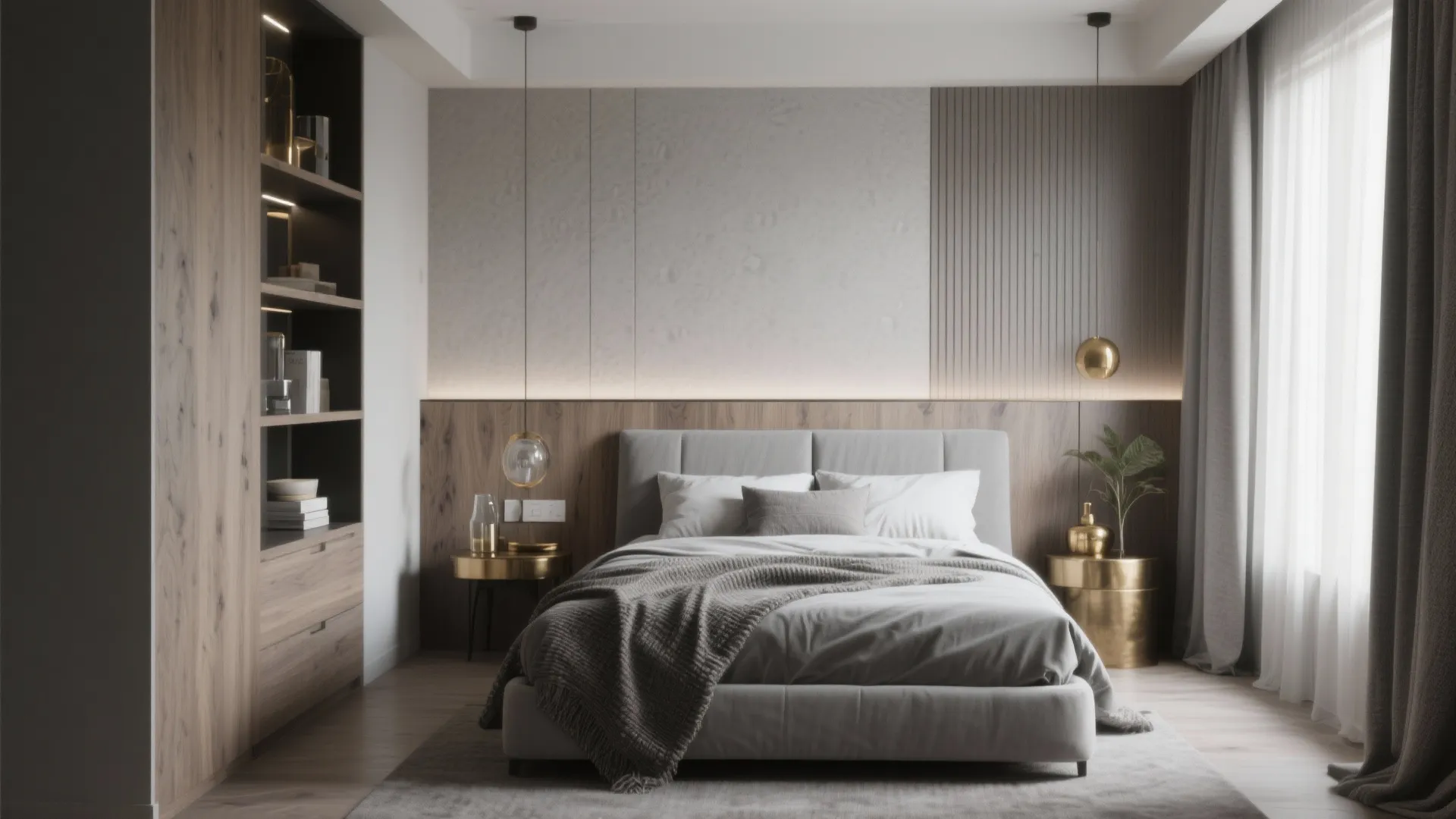 Luxury bedroom with grey bed wood wall panels gold side tables tall cabinet and floor windows