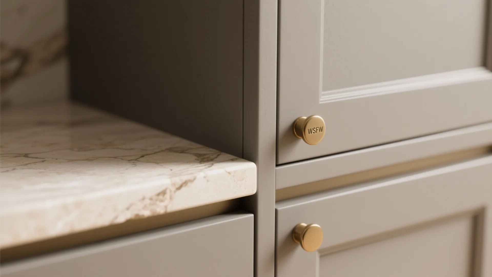 1. Warm grey cabinets with beige stone countertops