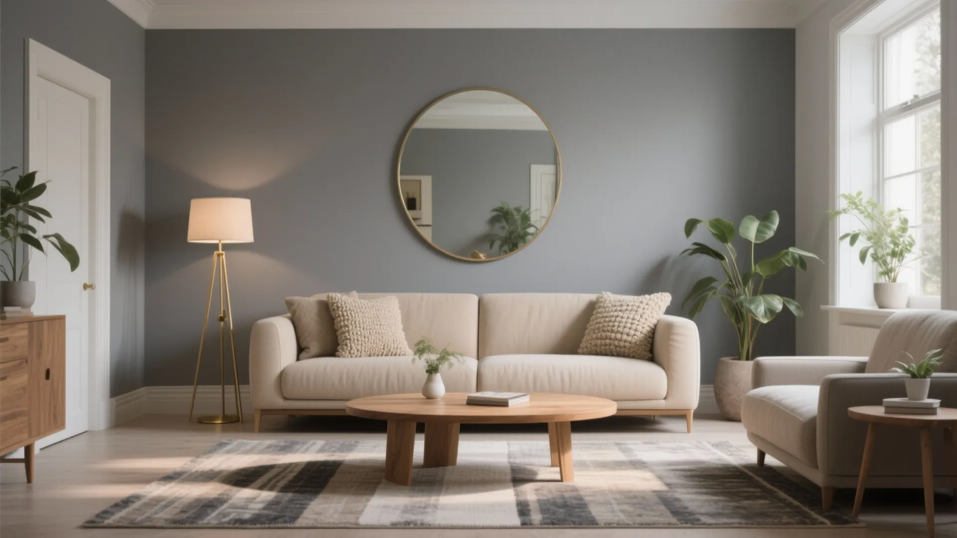 Modern living room with beige sofa round wall mirror floor lamp wooden coffee table and rug