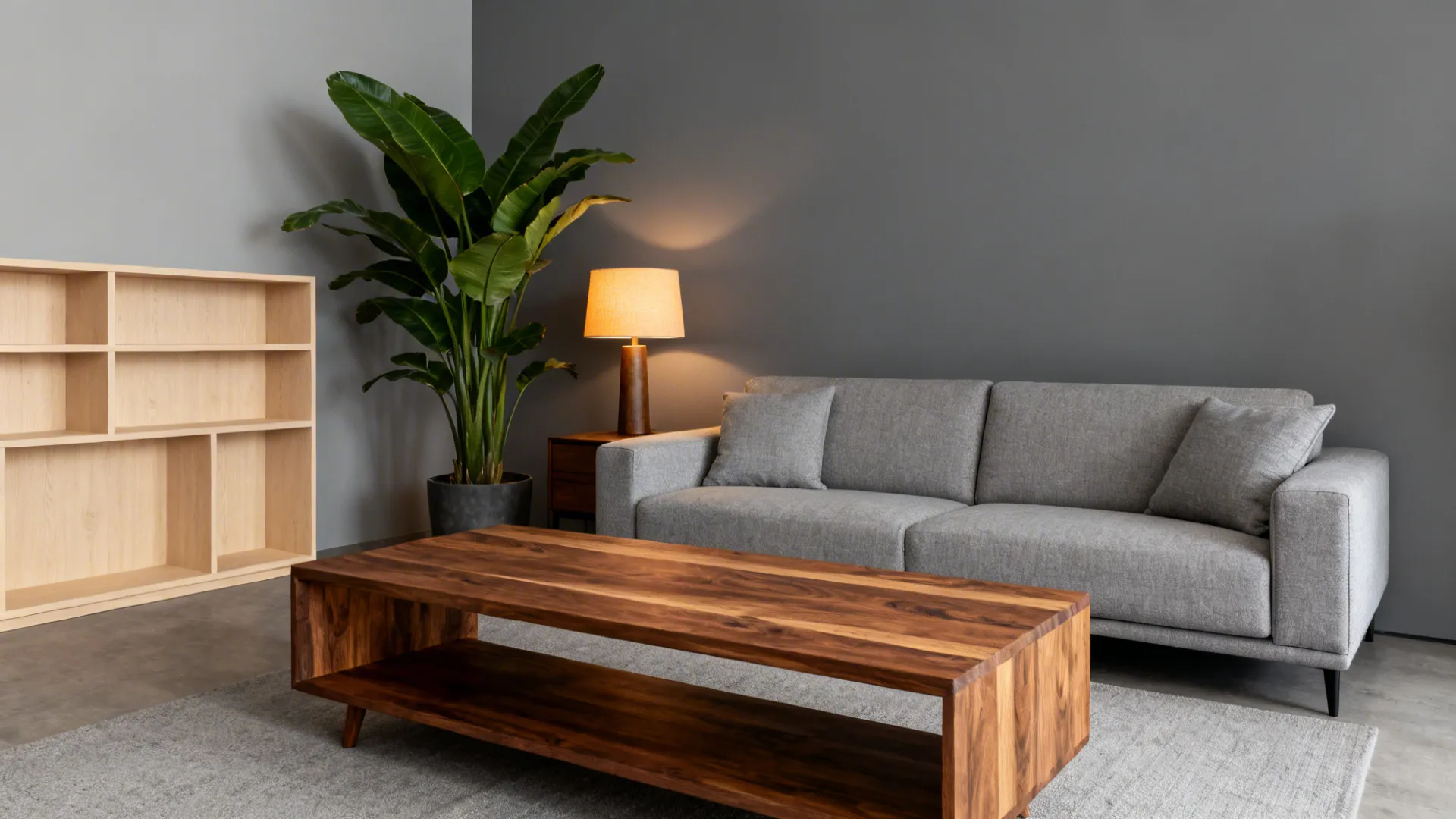 Modern grey living room with beige oak furniture and a large plant