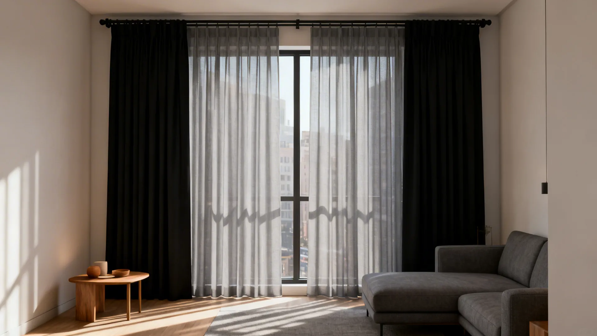 Modern living room with black curtains and sheer grey curtains over large window with sofa